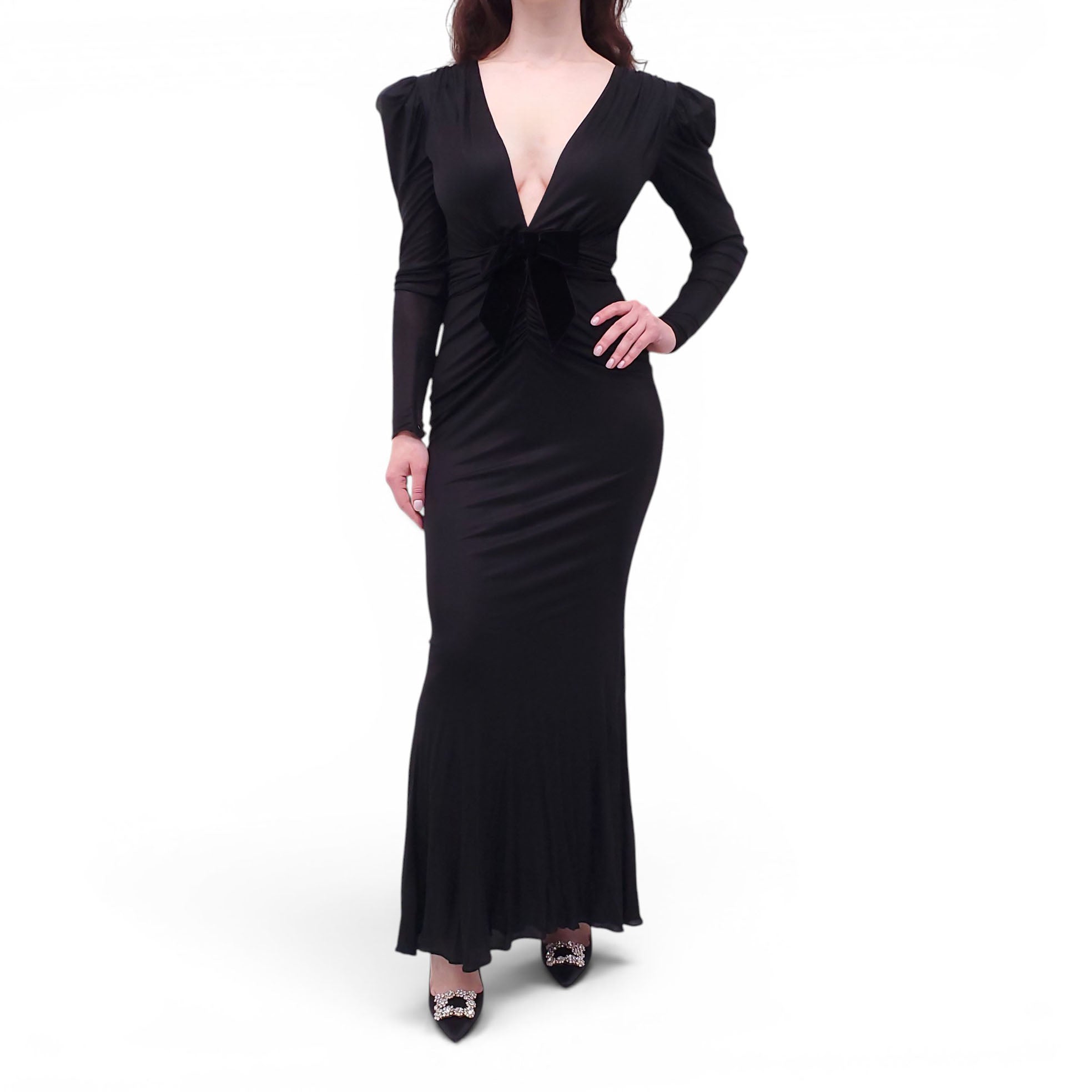 ALESSANDRA RICH BLACK DRAPED SATIN MAXI DRESS WITH VELVET BOW