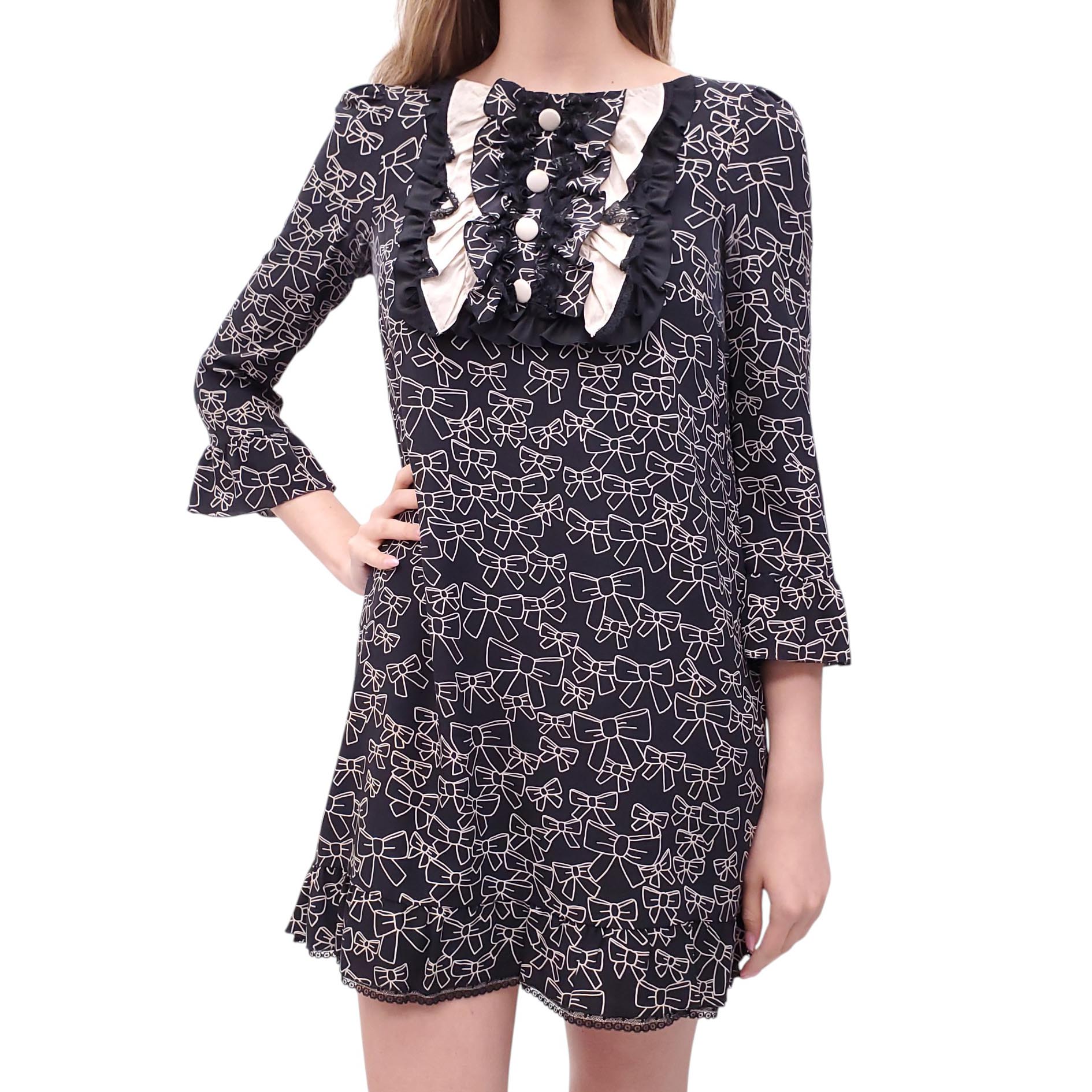 RED VALENTINO BLACK BOW PRINT RUFFLE DRESS