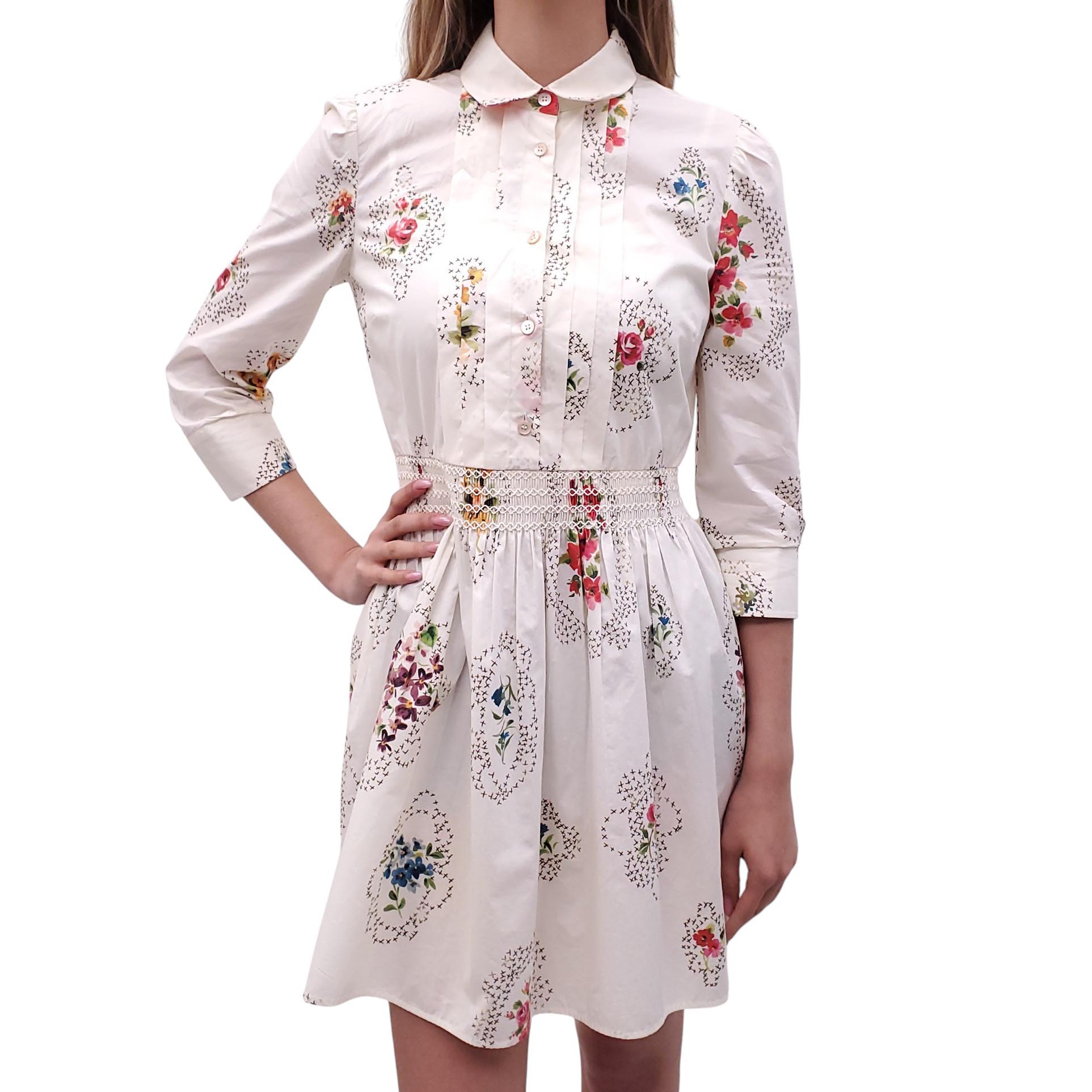 RED VALENTINO WHITE CINCH-WAIST DRESS WITH FLORAL PRINT