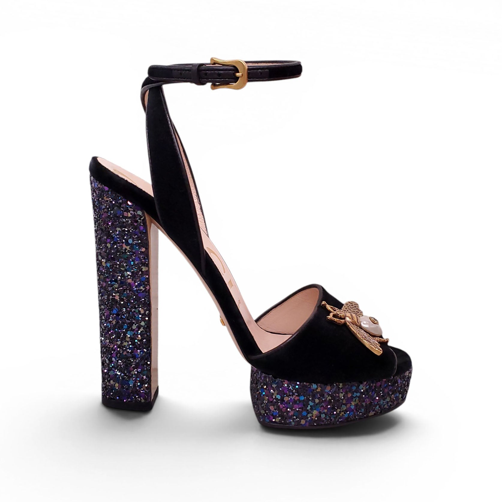 GUCCI BLACK SUEDE PLATFORM HEELS WITH BEE EMBLEM AND GLITTER