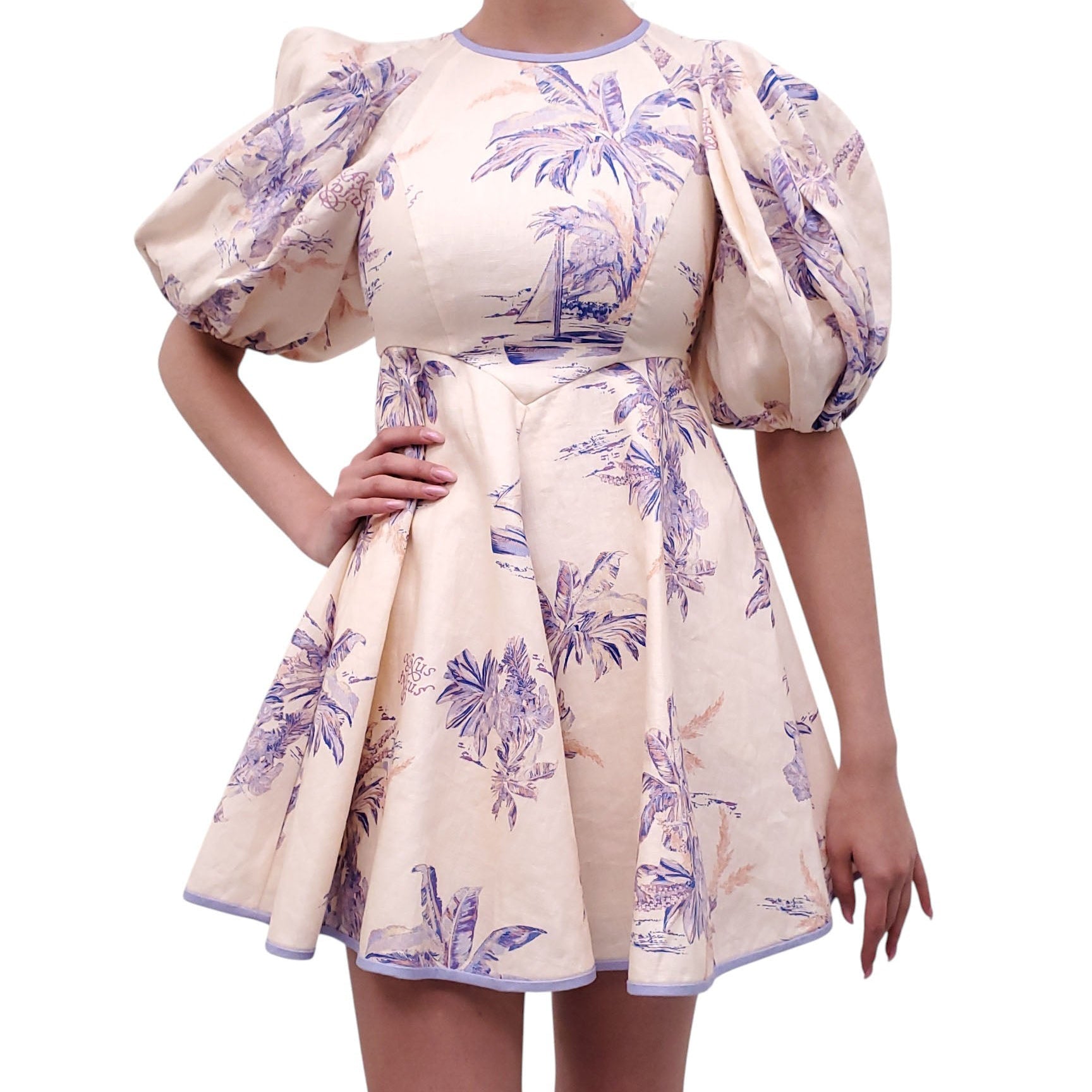 ZIMMERMANN PURPLE PALM TOILE 'LINEN DAY' MINI DRESS WITH PUFF SLEEVES