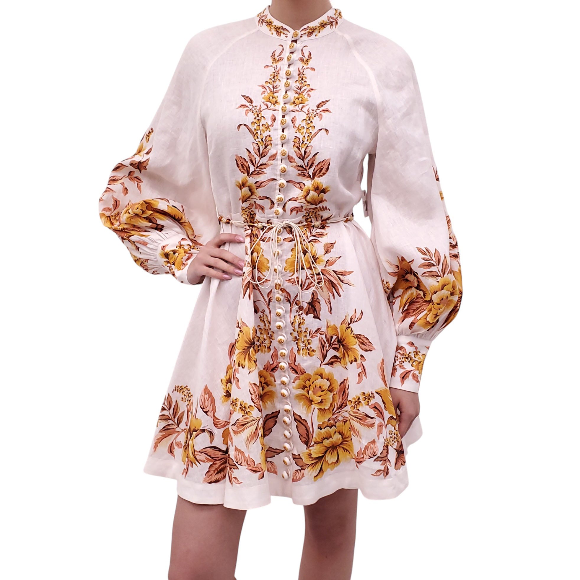 ZIMMERMANN GOLDEN FLORAL 'VACAY' BUTTON-UP MINI DRESS WITH BEADED TIE