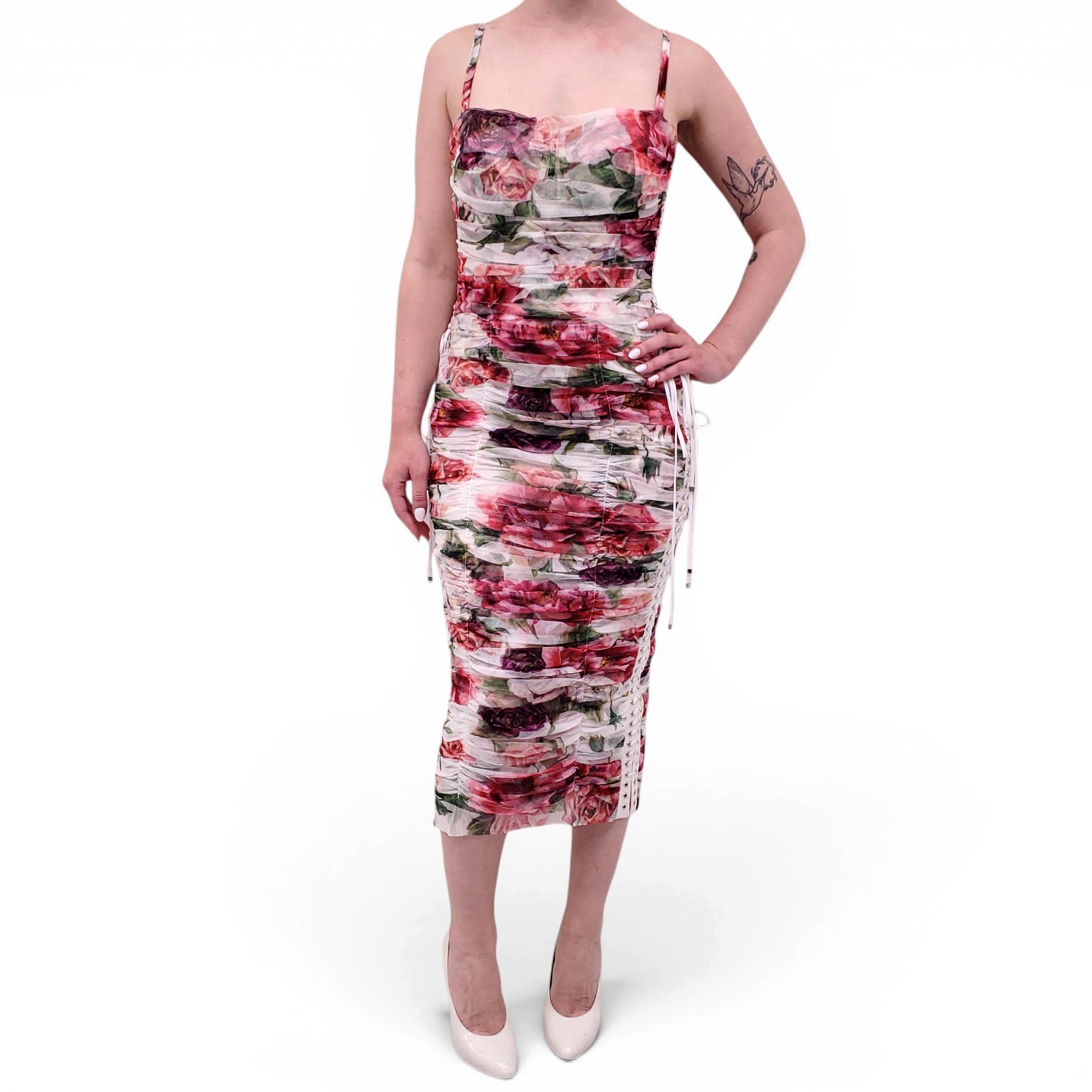 dolce and gabbana ruched midi dress DOLCE & GABBANA WHITE RUCHED MESH MIDI DRESS WITH FLORAL DETAIL