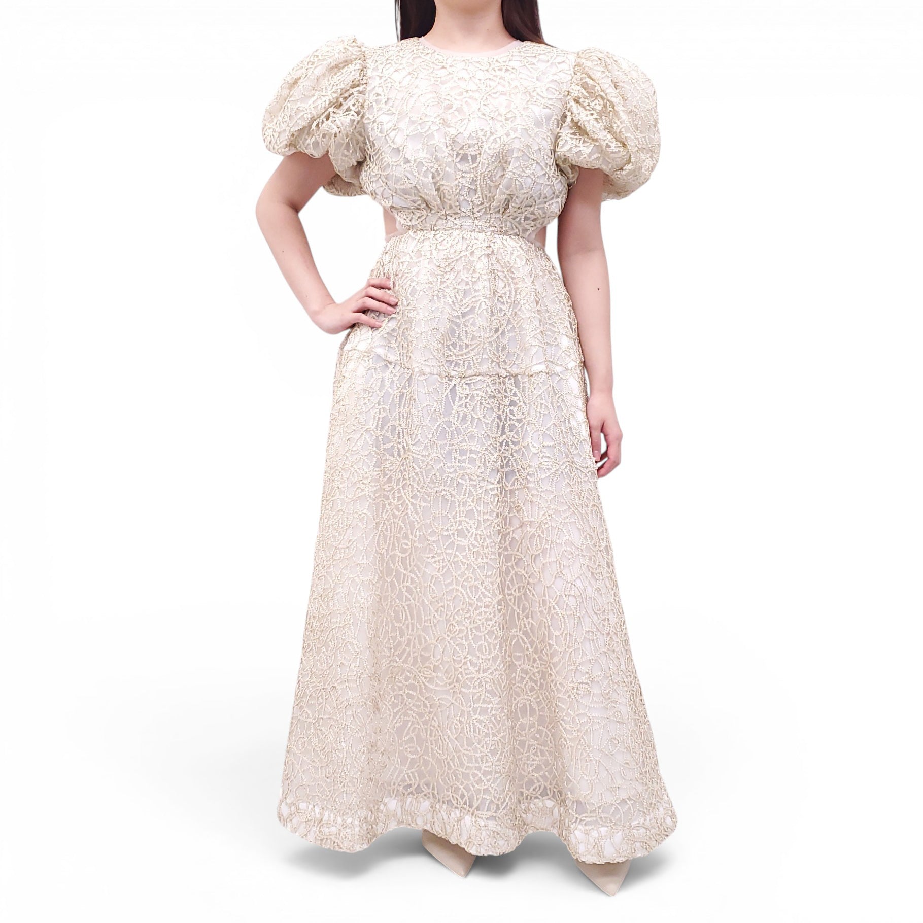 aje gold dress IVORY AND 'PATINA' LACE MIDI Ecliptica gown