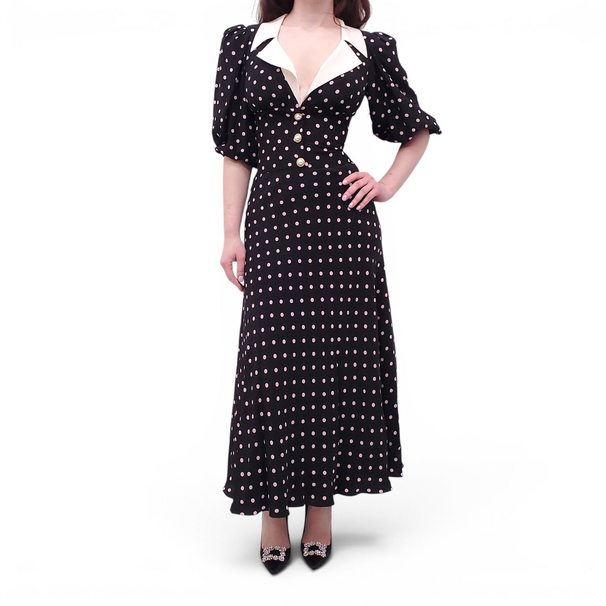 ALESSANDRA RICH BLACK AND PINK POLKA DOT RUFFLED SILK MIDI DRESS WITH