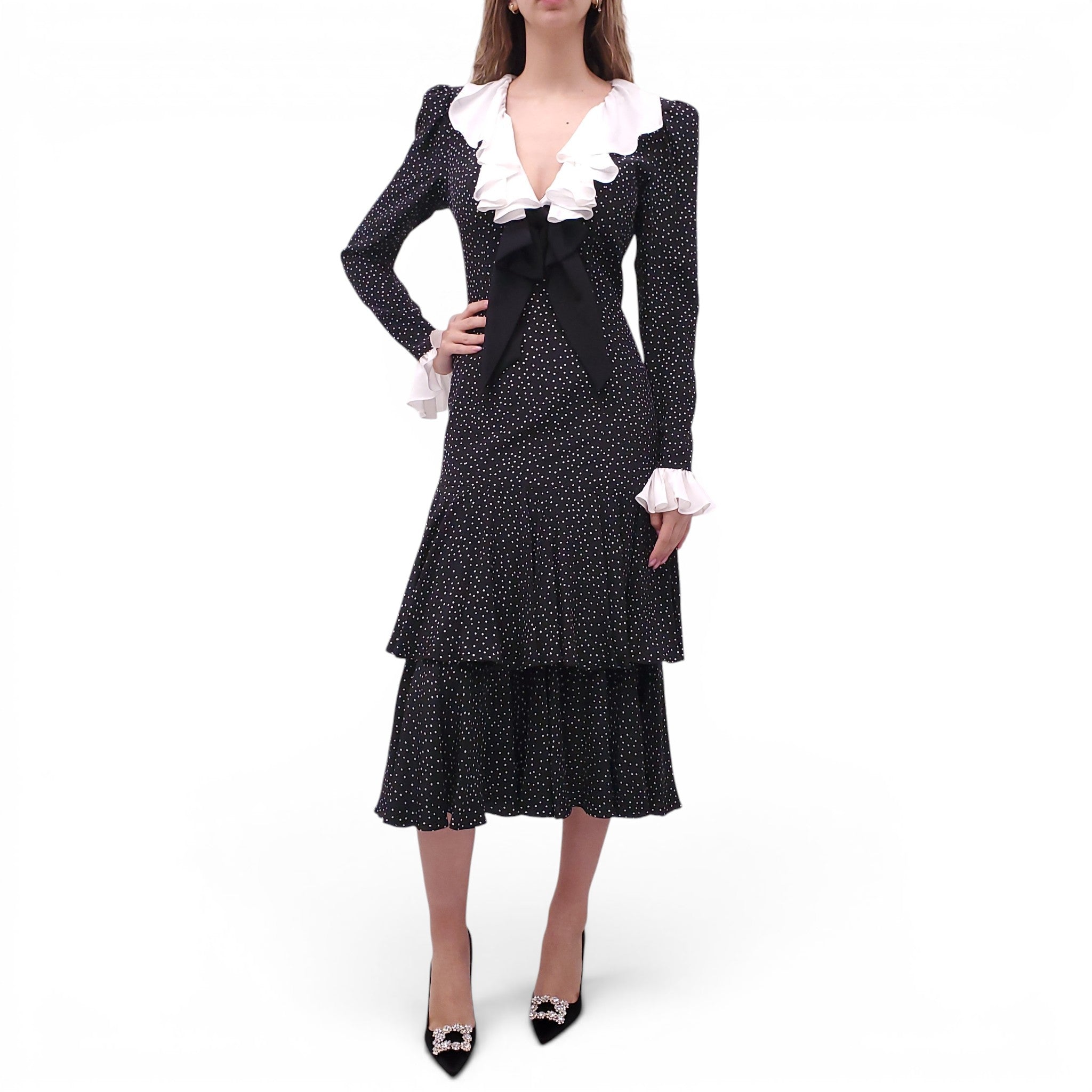 ALESSANDRA RICH BOW-DETAILED RUFFLE POLKA DOT SILK TIERED MIDI DRESS -