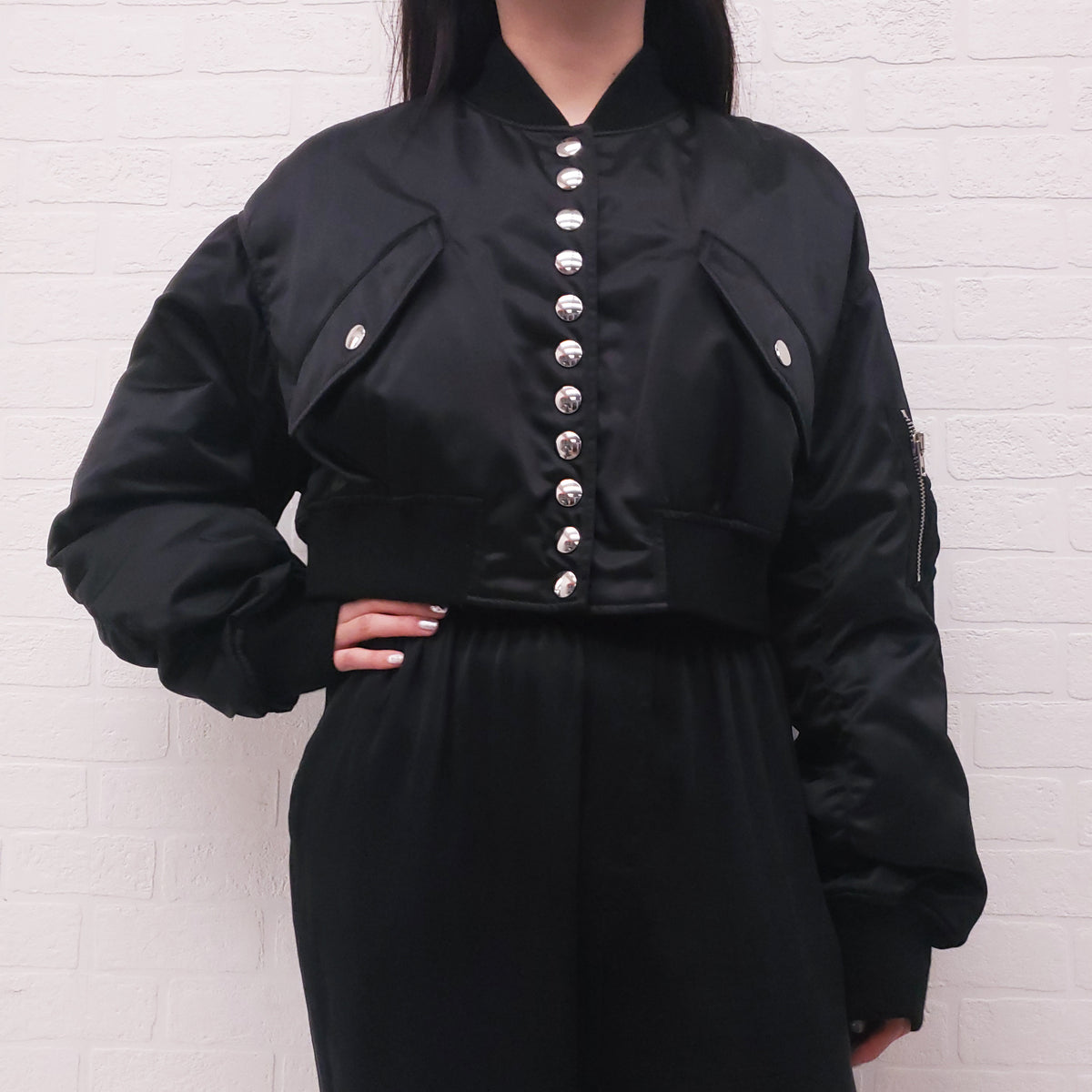 ALEXANDER WANG BLACK CROPPED BOMBER JACKET WITH SILVER