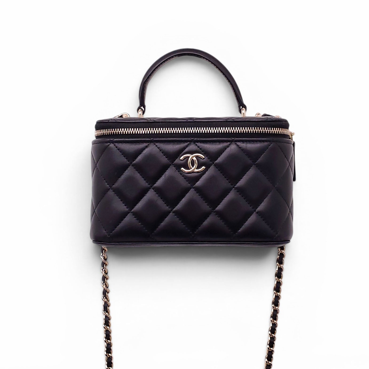 CHANEL BLACK LAMBSKIN QUILTED CC TOP HANDLE VANITY CASE CROSSBODY
