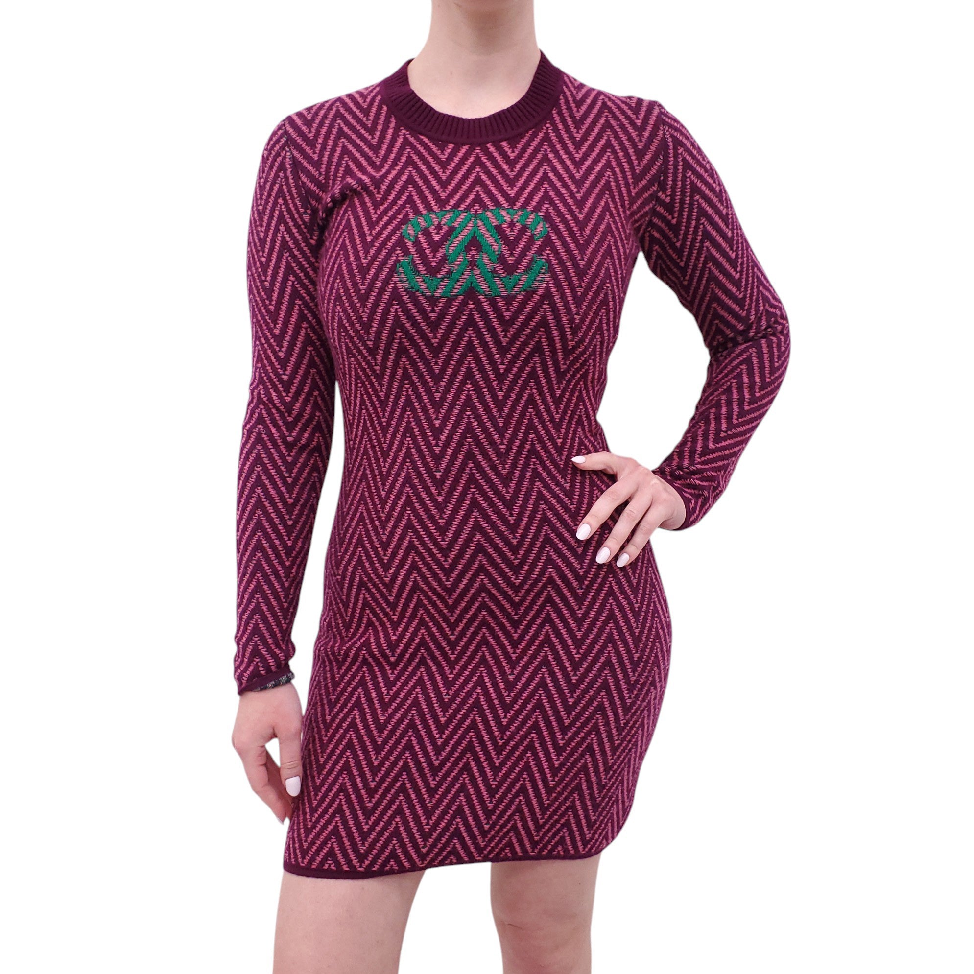 CHANEL BURGUNDY CHEVRON LOGO SWEATER DRESS