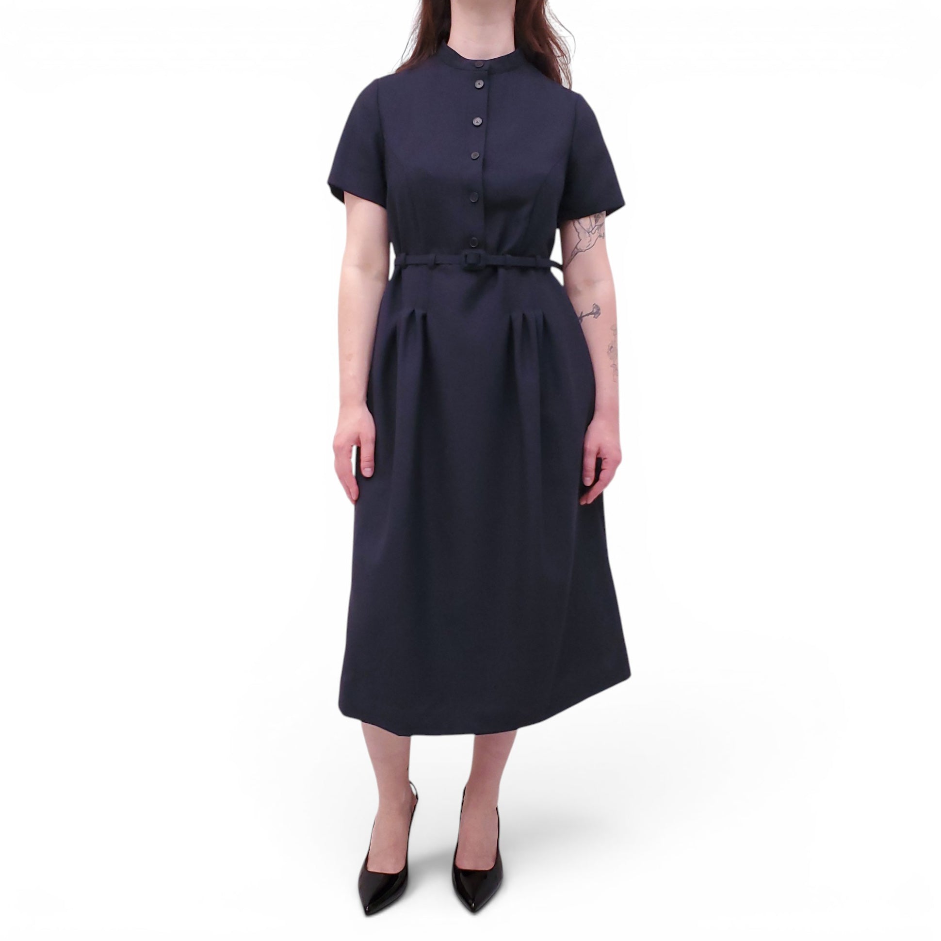 CHRISTIAN DIOR NAVY SHORT-SLEEVE DRESS WITH BELT