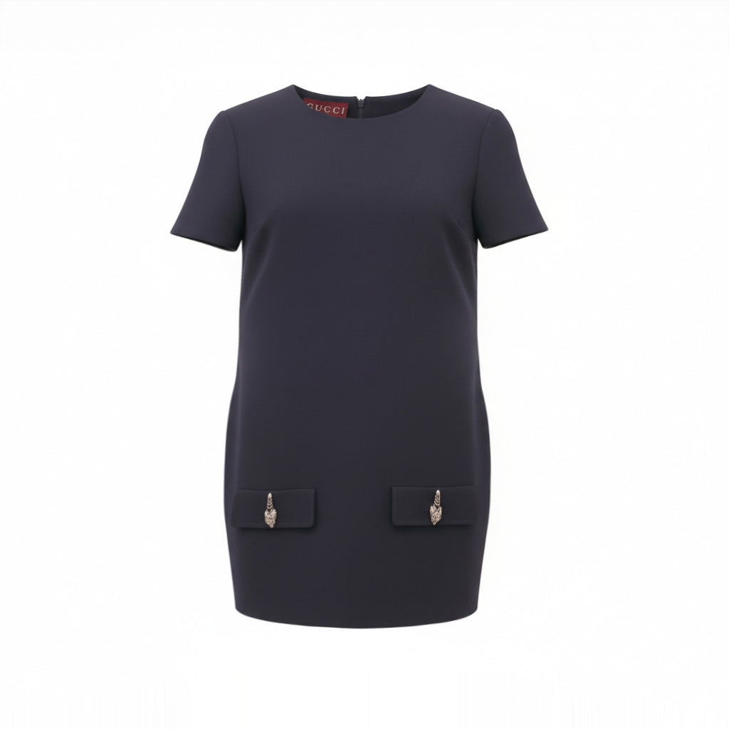 gucci black mini dress Gucci Wool Polo Mini Dress with Classic Collar and Short Sleeves - Black | 864361ZACKN