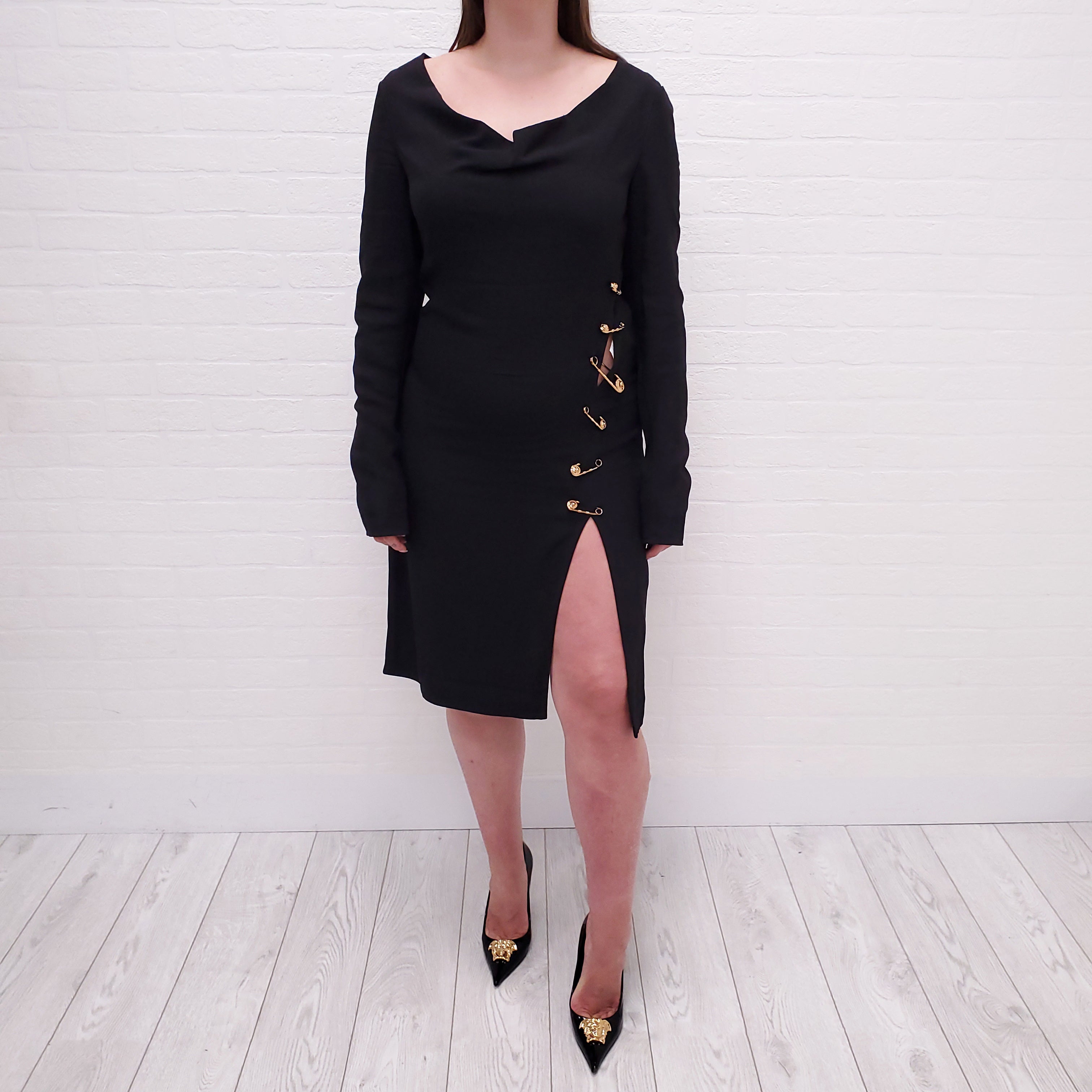 VERSACE BLACK GOLD PIN MEDUSA DRESS - SIZE 42 Rewind Couture VERSACE BLACK GOLD PIN MEDUSA DRESS - SIZE 42 Rewind Couture