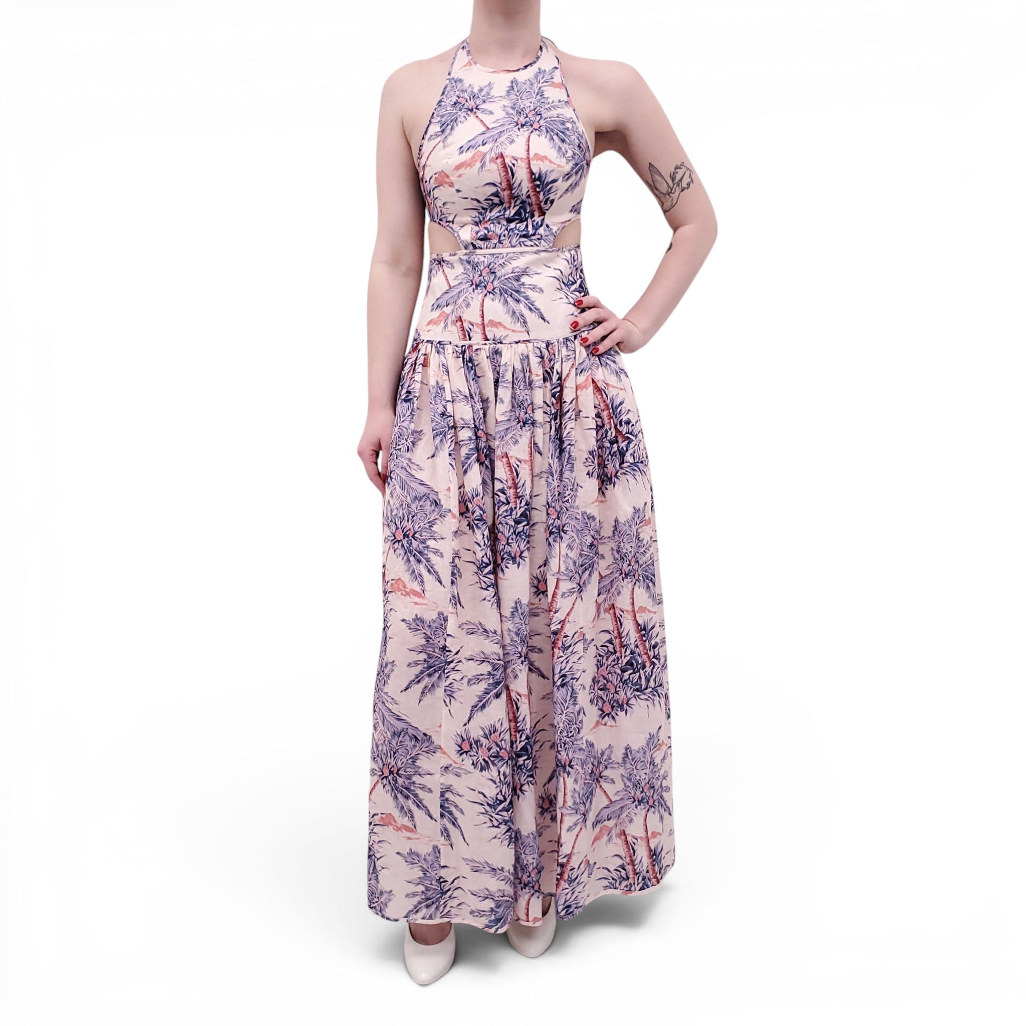 ZIMMERMANN LILAC PALM TREE 'CIRA' HALTER CUTOUT MIDI DRESS - SIZE 0 (U Rewind Couture ZIMMERMANN LILAC PALM TREE 'CIRA' HALTER CUTOUT MIDI DRESS - SIZE 0 (U Rewind Couture
