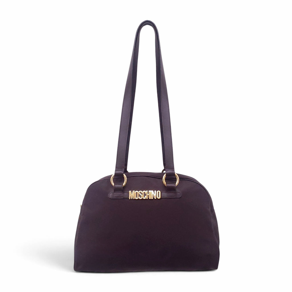 MOSCHINO NYLON LOGO BAG IN BROWN WITH LEATHER STRAP DETAIL