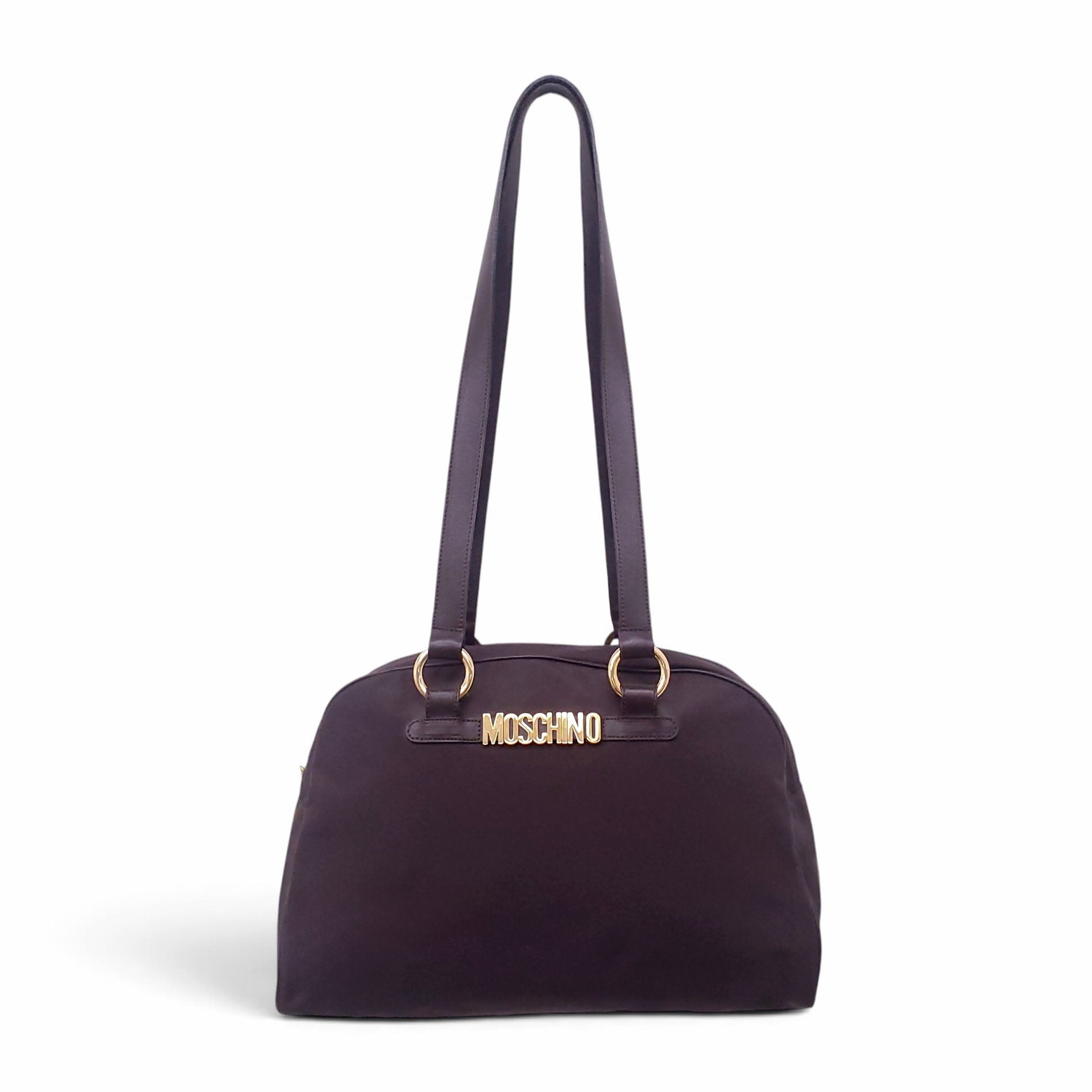 MOSCHINO NYLON LOGO BAG IN BROWN WITH LEATHER STRAP DETAIL