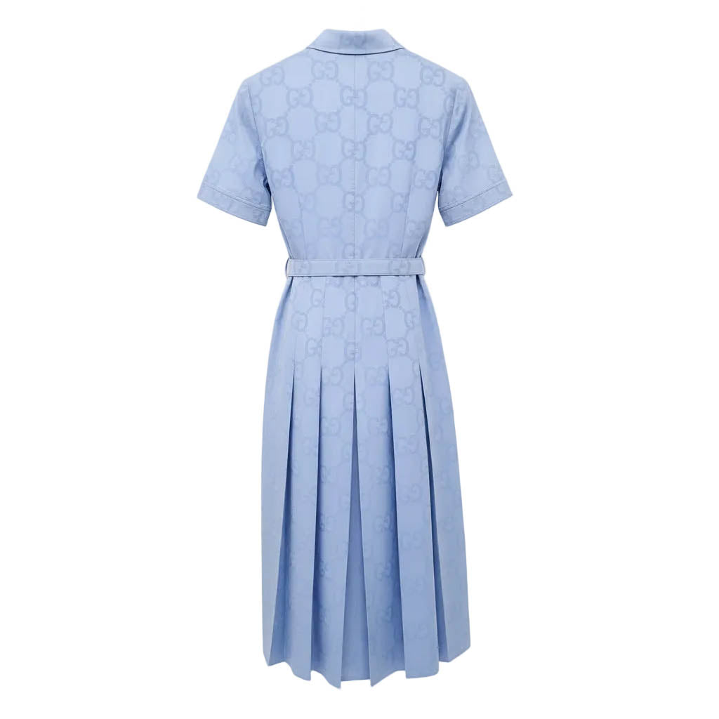 GUCCI BLUE PLEATED LOGO DRESS WITH BELT - SIZE 44