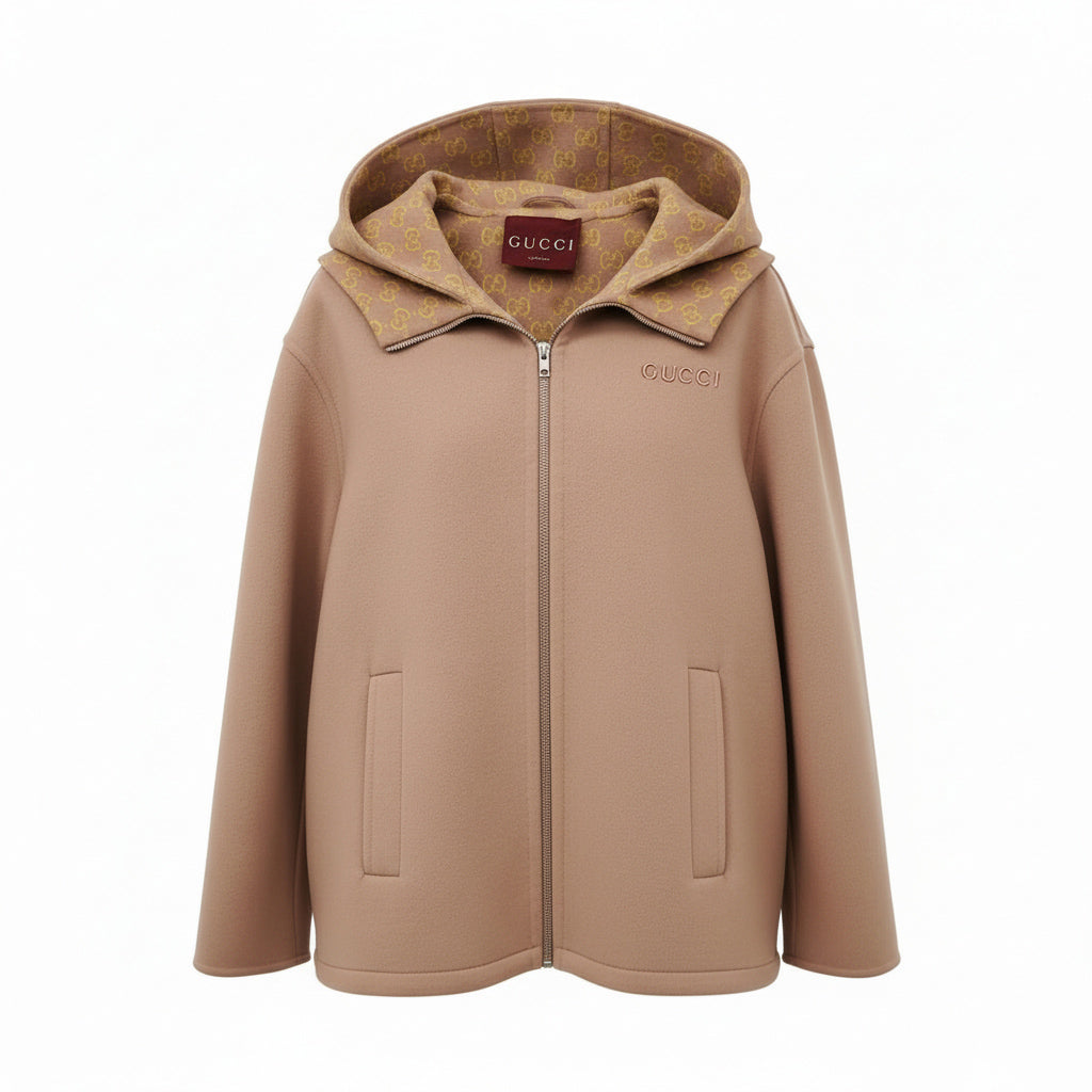 GUCCI WOOL MONOGRAM JACKET WITH GG HOOD DETAIL - SIZE 40 (OVERSIZED)