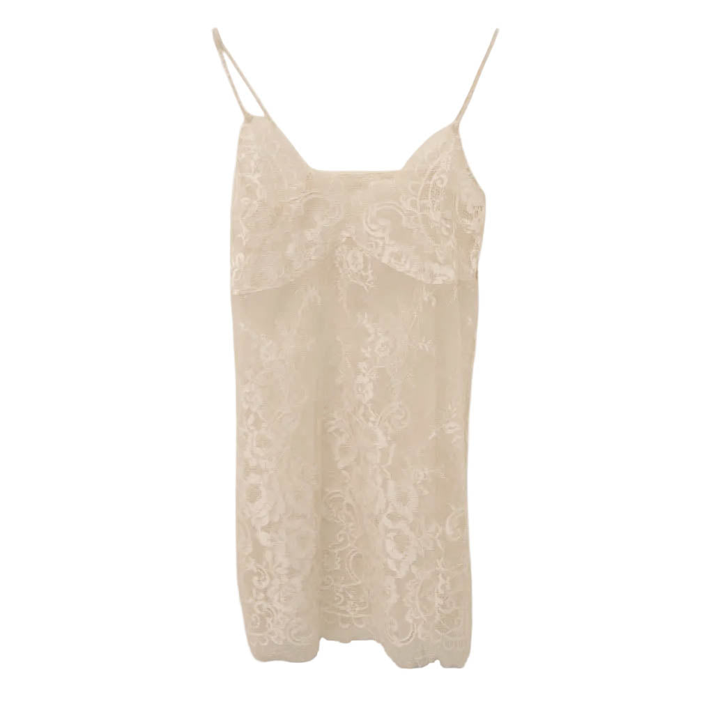 LOVESHACKFANCY CREAM SHEER LACE DRESS WITH PEARL DETAILS - SIZE 8