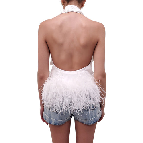 16ARLINGTON WHITE FEATHER-TRIMMED EMBELLISHED HALTER TOP - SIZE US 6