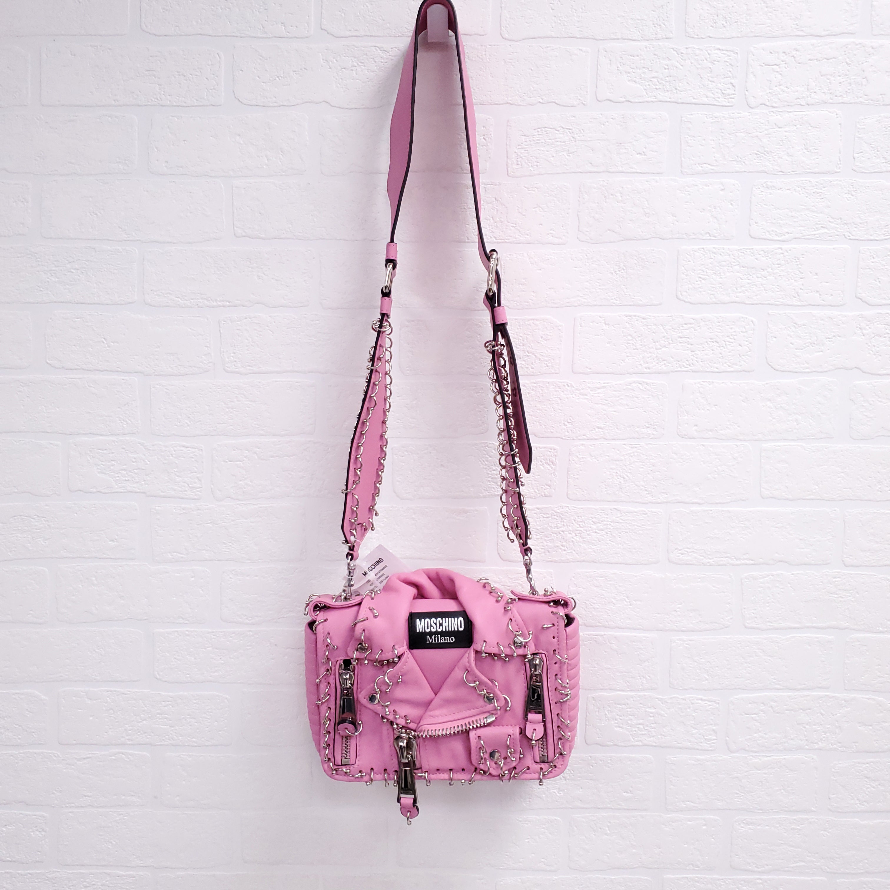 MOSCHINO PINK BIKER JACKET PIERCING SHOULDER BAG