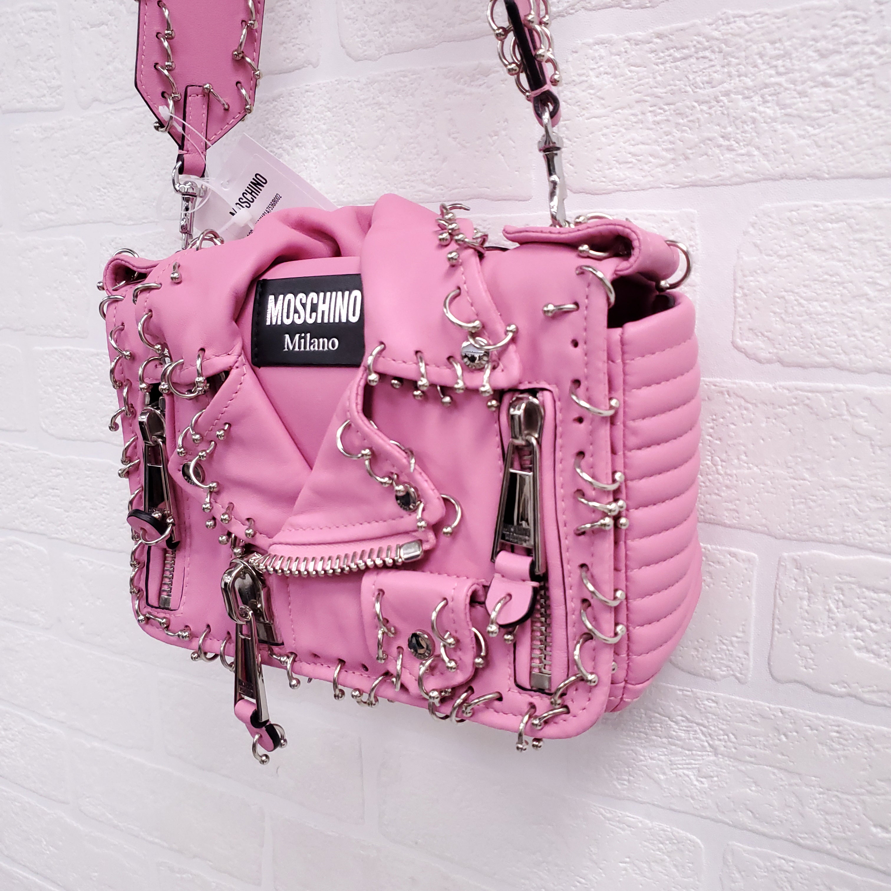 MOSCHINO PINK BIKER JACKET PIERCING SHOULDER BAG
