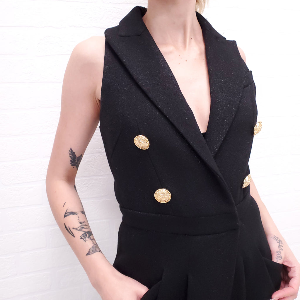 BALMAIN BLACK JUMPSUIT WITH LAPELS AND GOLD LOGO BUTTONS - SIZE XS