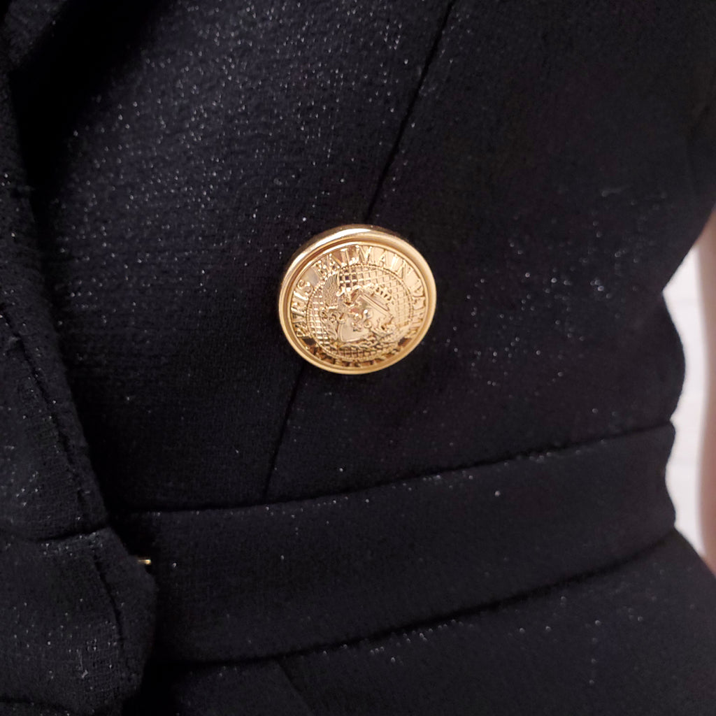 BALMAIN BLACK JUMPSUIT WITH LAPELS AND GOLD LOGO BUTTONS - SIZE XS