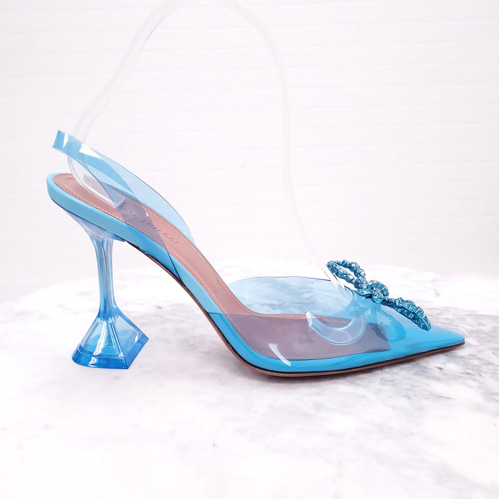 AMINA MUADDI BLUE PVC ROSIE GLASS HEELS WITH CRYSTAL BOW - SIZE 38