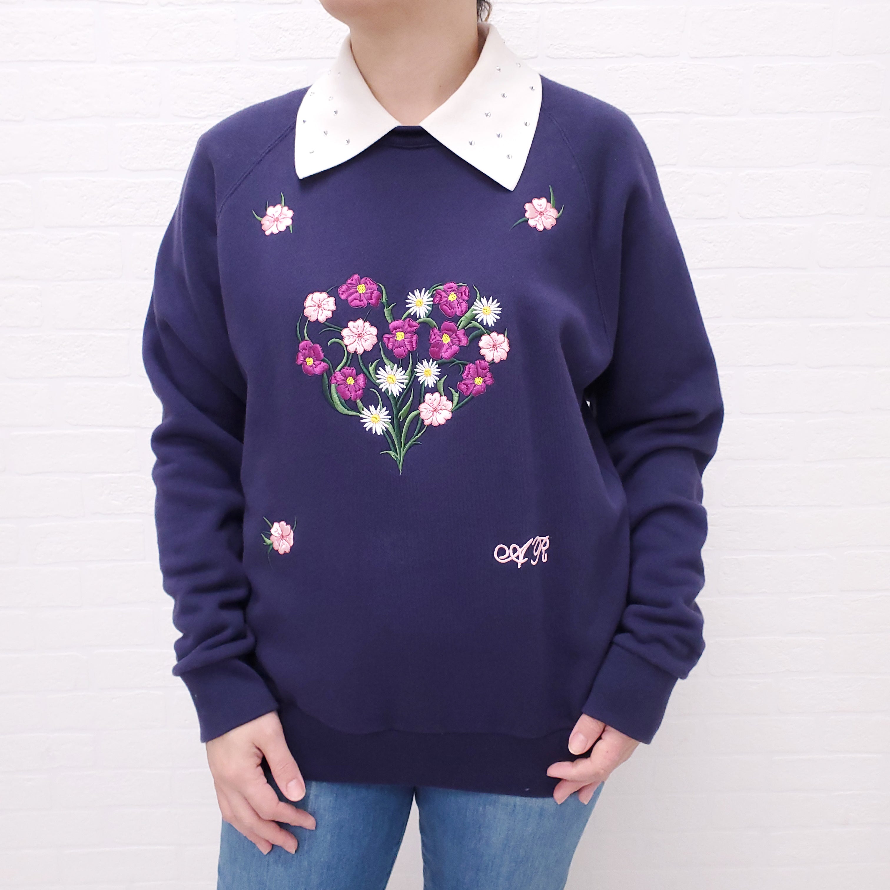 ALESSANDRA RICH EMBROIDERED NAVY SWEATER - SIZE S