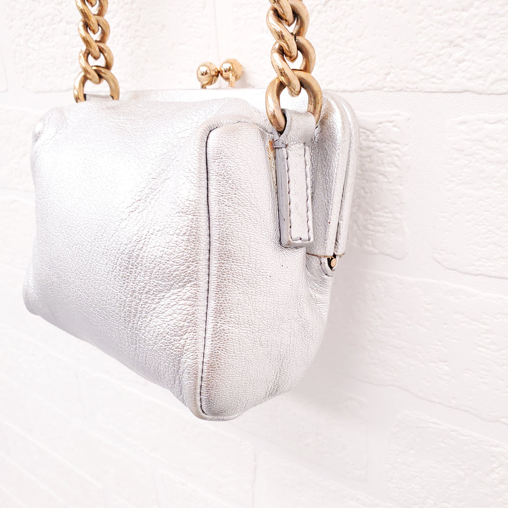 DOLCE & GABBANA SILVER LEATHER MINI PURSE WITH GOLD LOGO