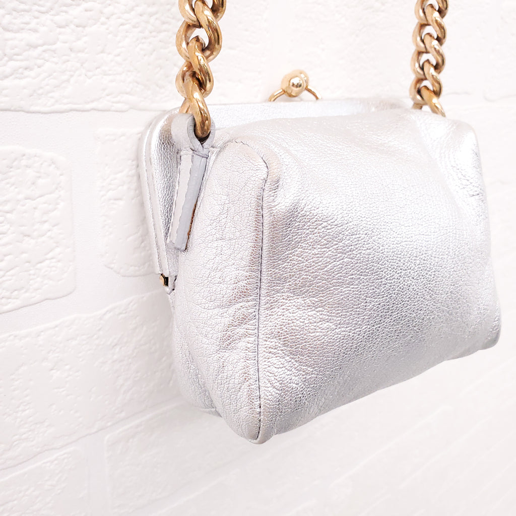 DOLCE & GABBANA SILVER LEATHER MINI PURSE WITH GOLD LOGO