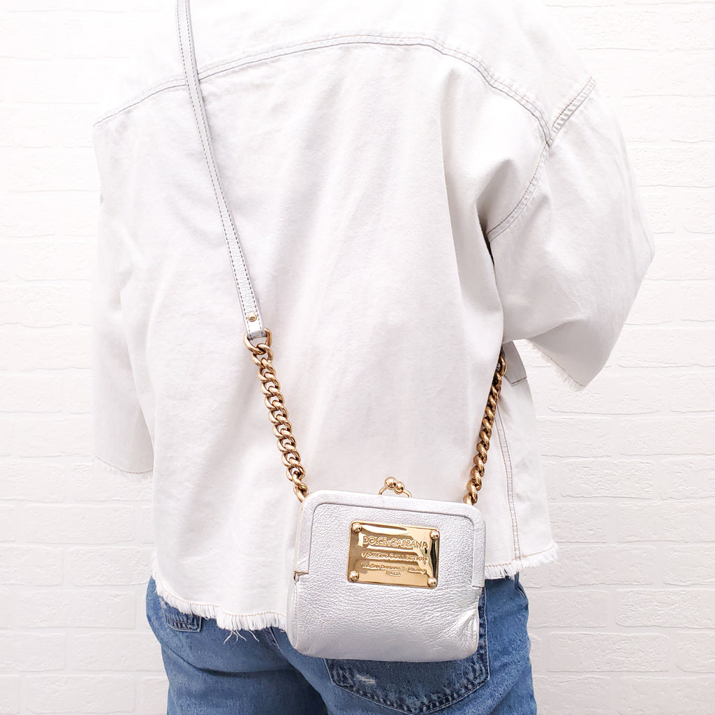 DOLCE & GABBANA SILVER LEATHER MINI PURSE WITH GOLD LOGO