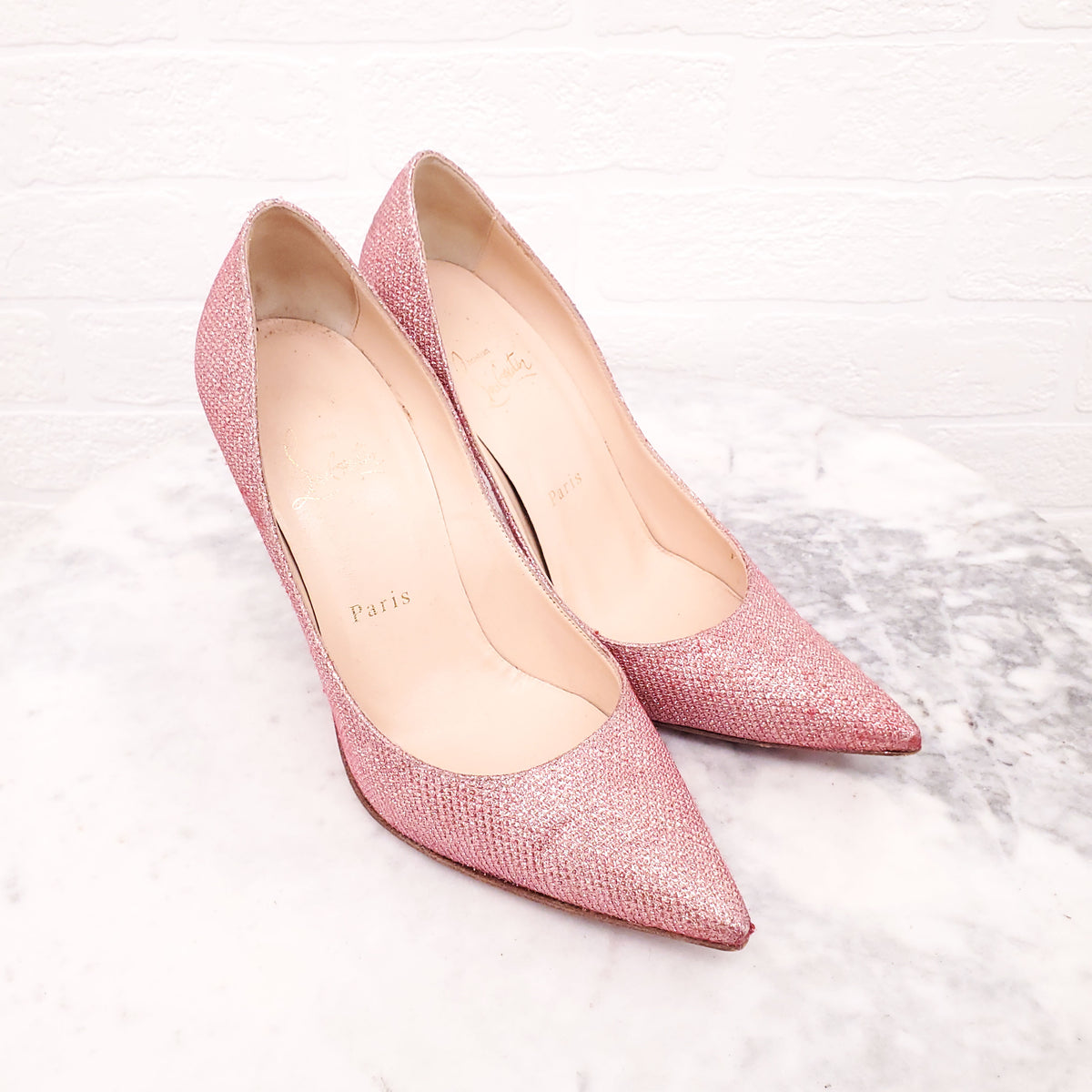 CHRISTIAN LOUBOUTIN PINK METALLIC HEELS - SIZE 37.5