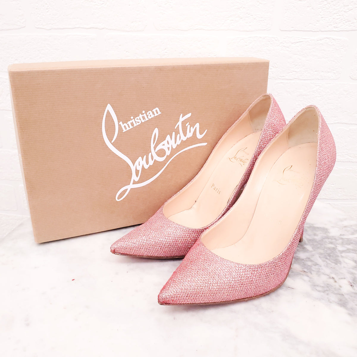 CHRISTIAN LOUBOUTIN PINK METALLIC HEELS - SIZE 37.5