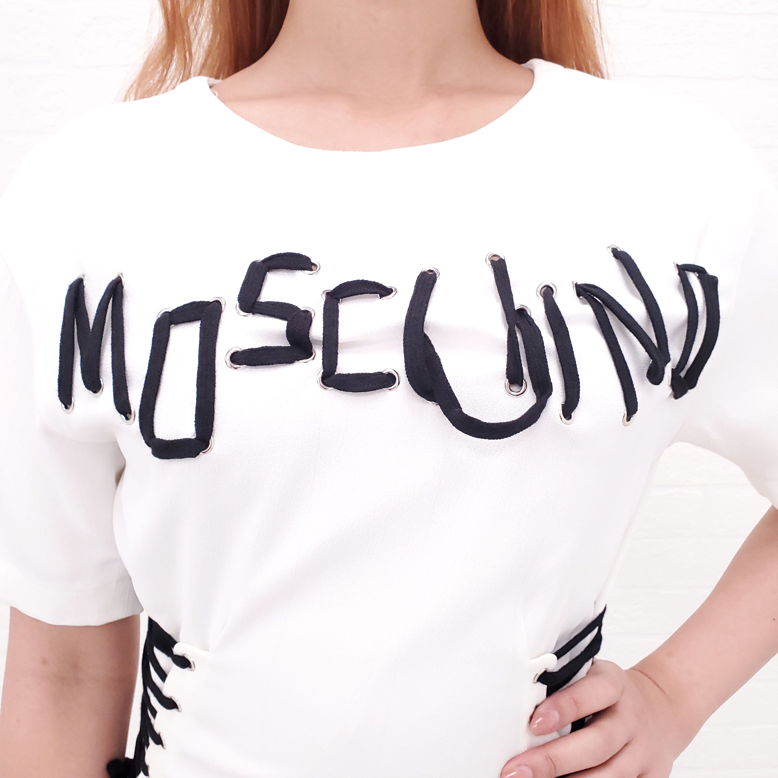 MOSCHINO WHITE LACE UP LOGO DRESS - SIZE 36