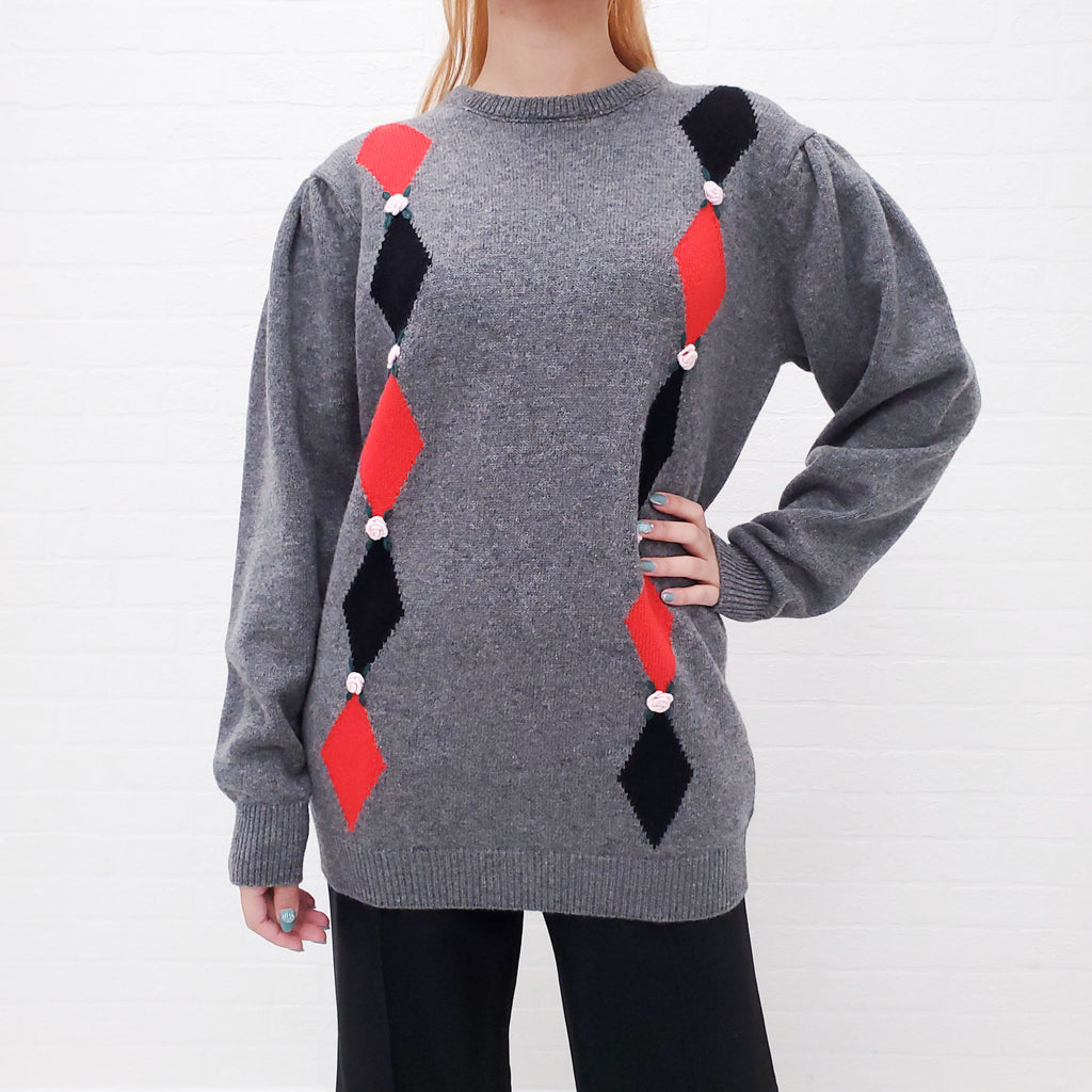 ALESSANDRA RICH ARGYLE SWEATER WITH ROSE DETAILS - SIZE 36