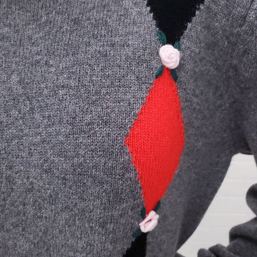 ALESSANDRA RICH ARGYLE SWEATER WITH ROSE DETAILS - SIZE 36