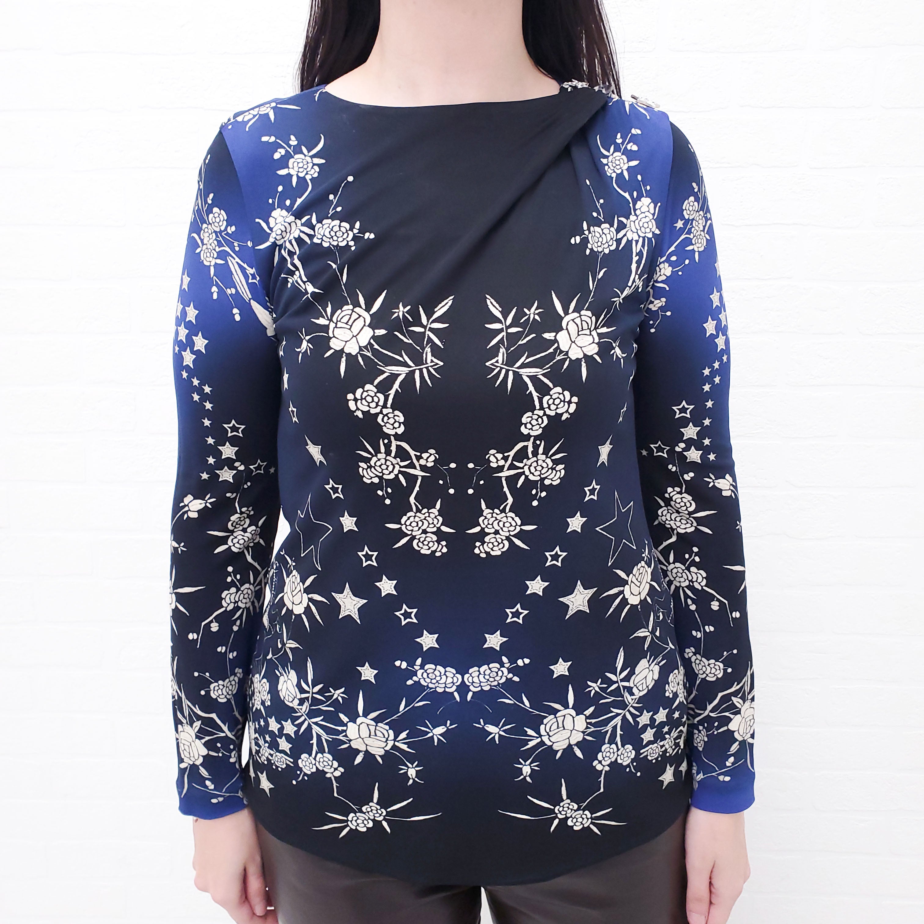 ROBERTO CAVALLI STAR FLORAL LONG SLEEVE TOP WITH CRYSTAL DETAIL -SIZE 40