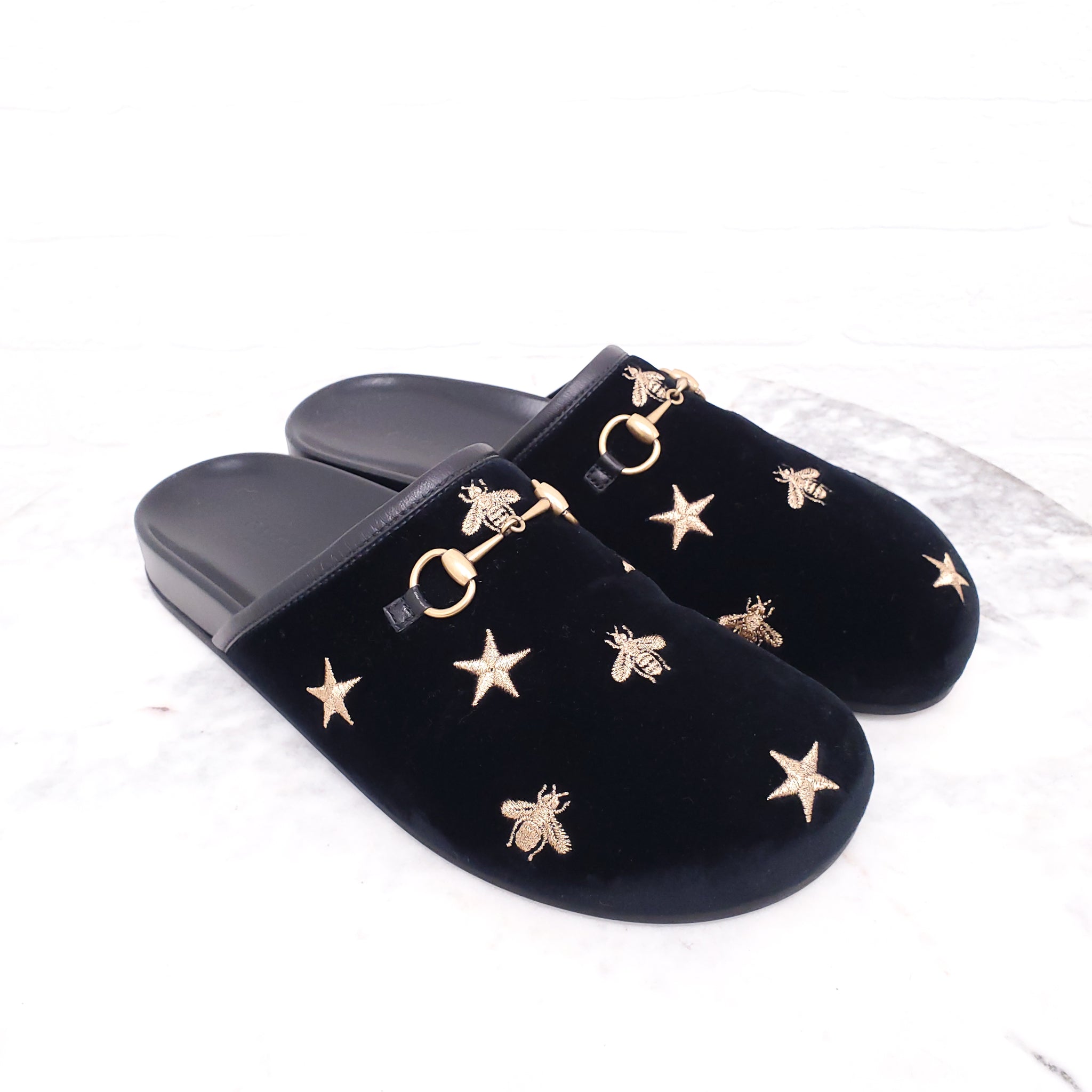 GUCCI BLACK VELVET SLIDES WITH BEES STARS SIZE 38 Rewind Couture