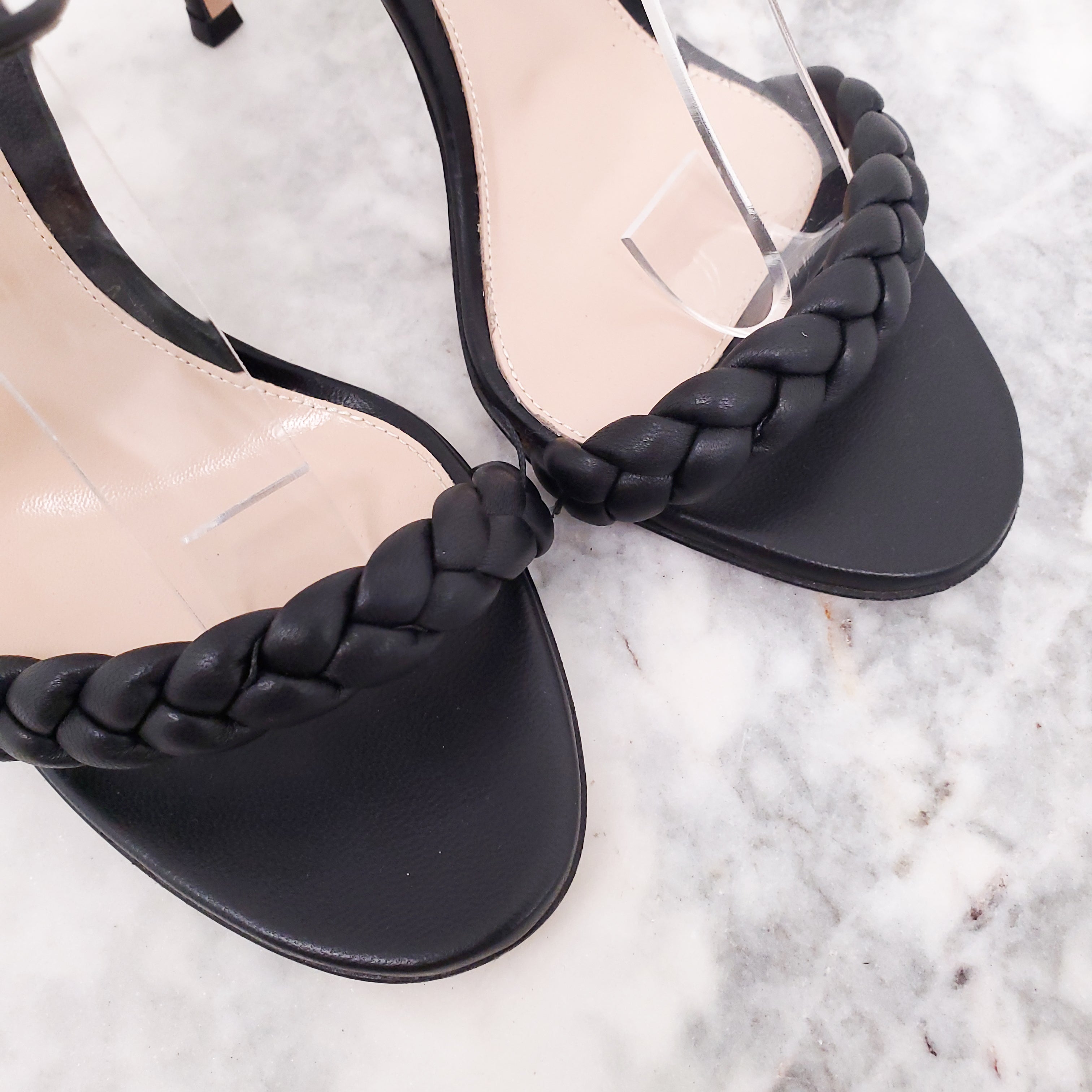 GIANVITO ROSSI BLACK BRAIDED HEELS - SIZE 36.5