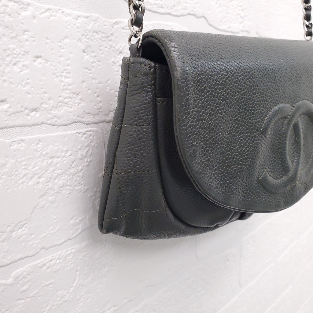 CHANEL KAKI HALF CRESCENT INTERLOCKING CC WALLET ON CHAIN