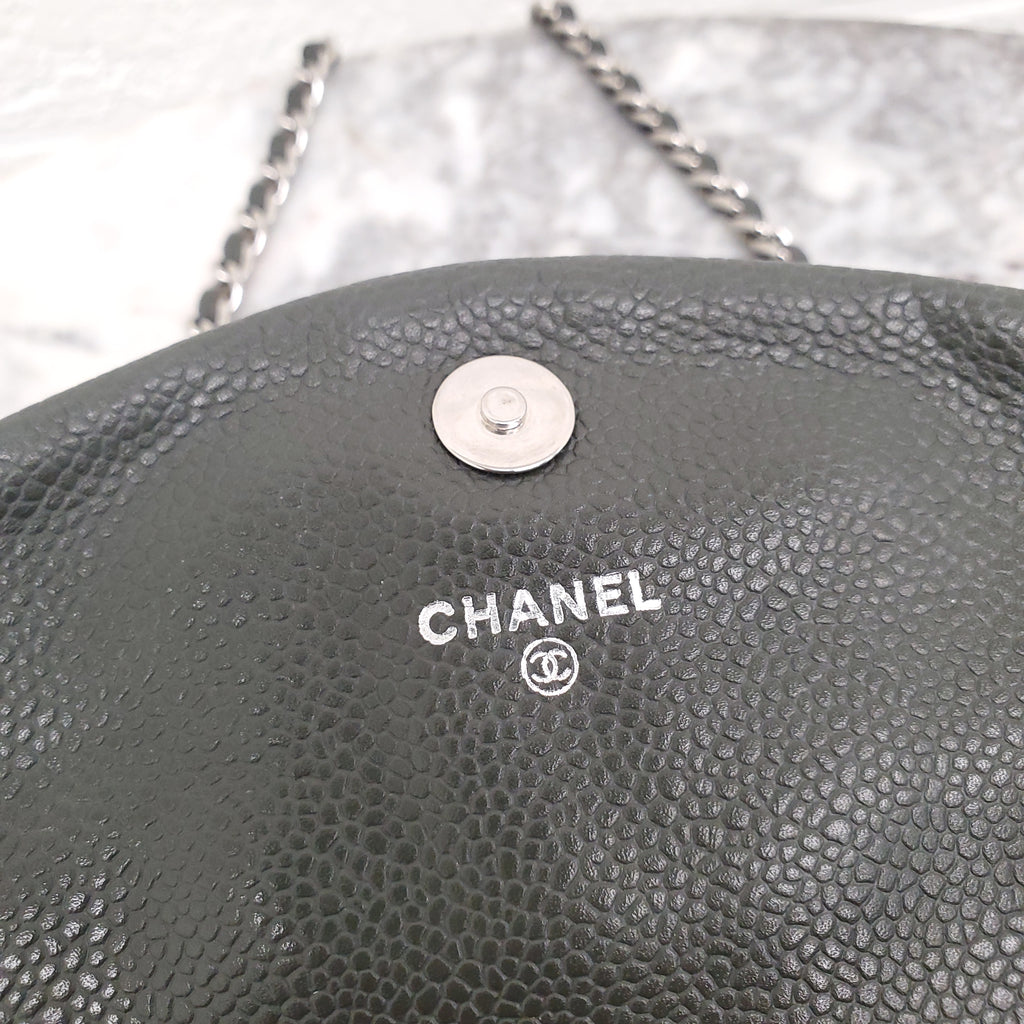 CHANEL KAKI HALF CRESCENT INTERLOCKING CC WALLET ON CHAIN