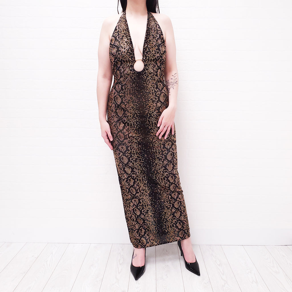 VERSACE BLACK AND BROWN PYHTON PRINT CRYSTAL EVENING DRESS - SIZE 40