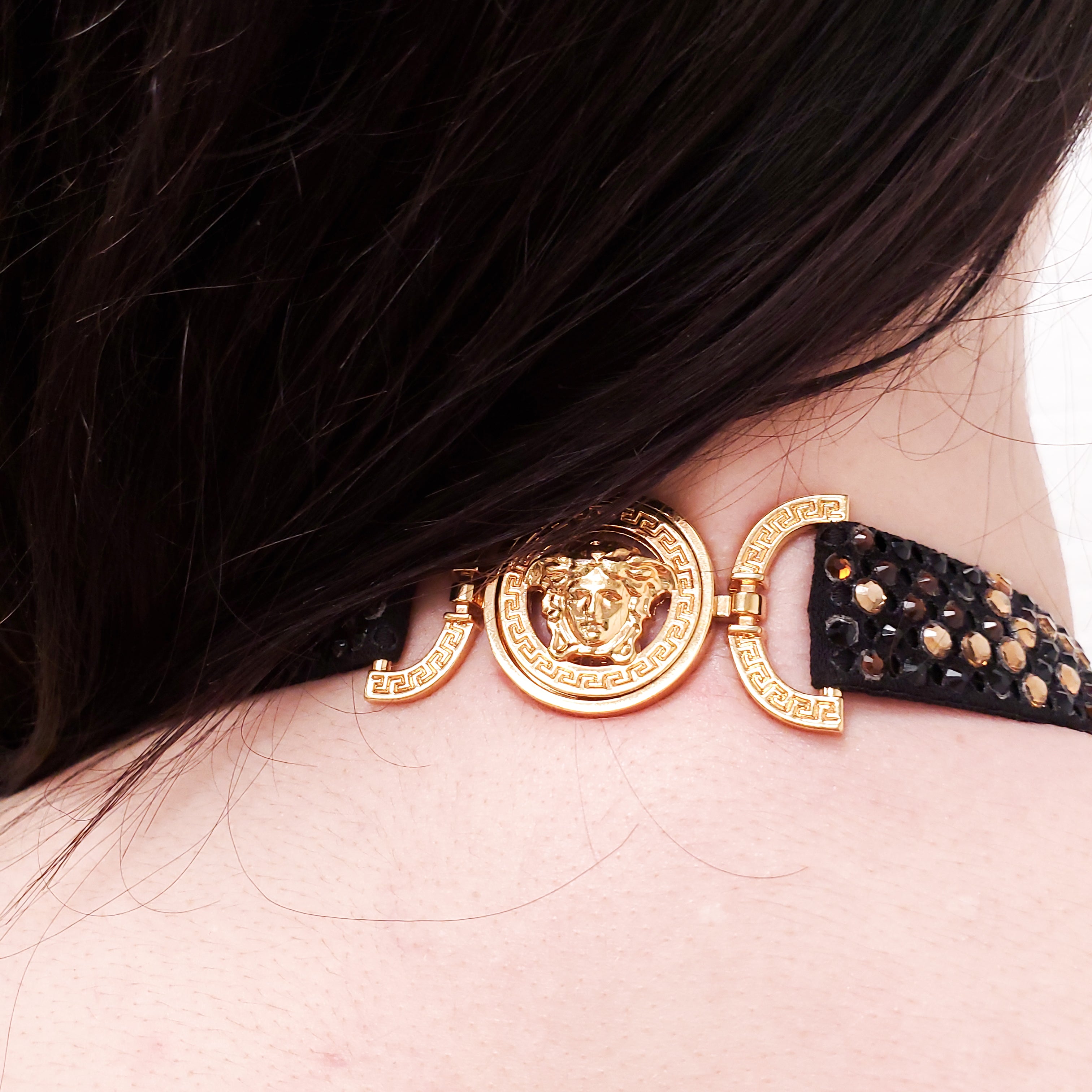 VERSACE BLACK AND BROWN PYHTON PRINT CRYSTAL EVENING DRESS - SIZE 40