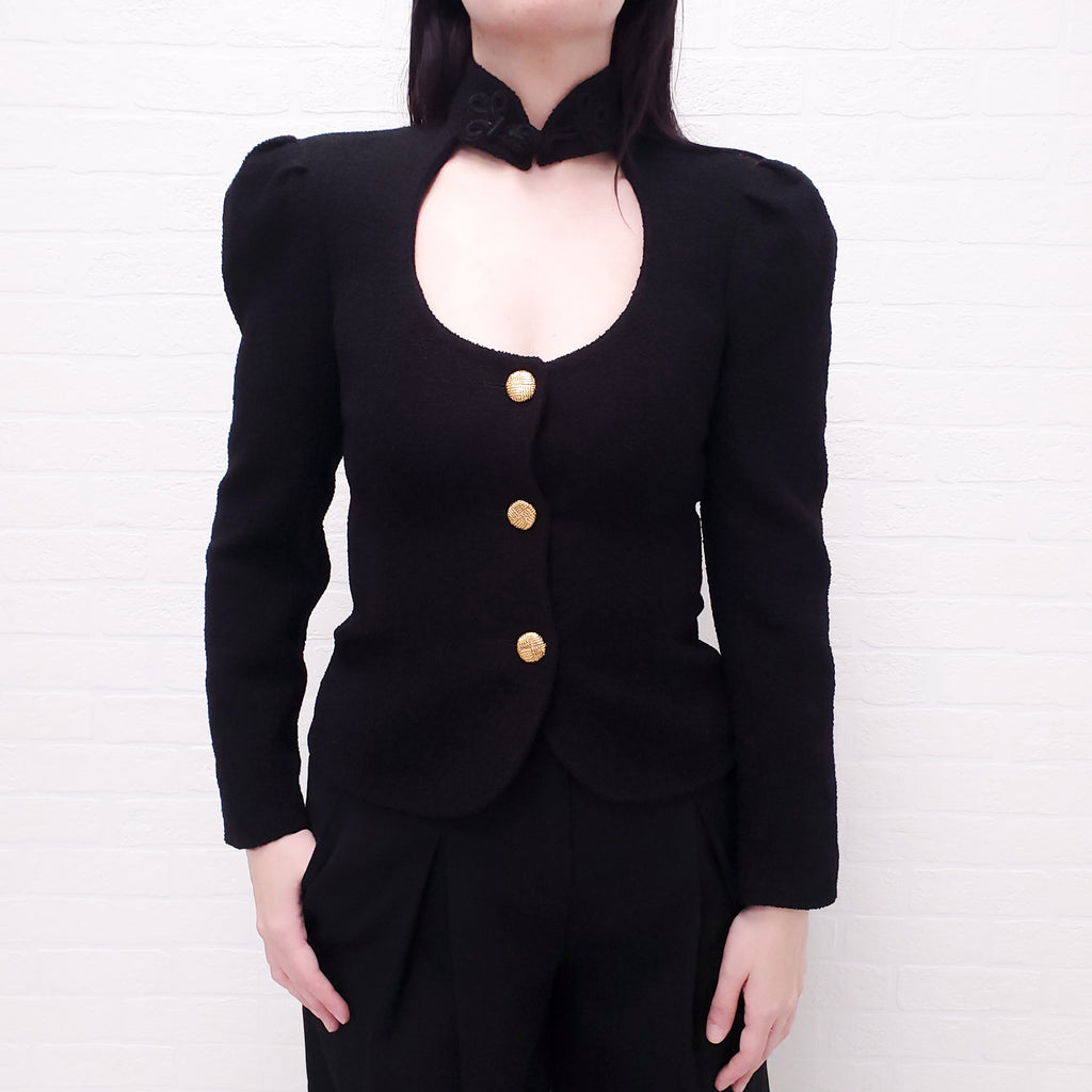 ALESSANDRA RICH BLACK CORD TRIMMED CUT OUT BOUCLE JACKET - SIZE 40
