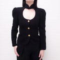 ALESSANDRA RICH BLACK CORD TRIMMED CUT OUT BOUCLE JACKET - SIZE 40