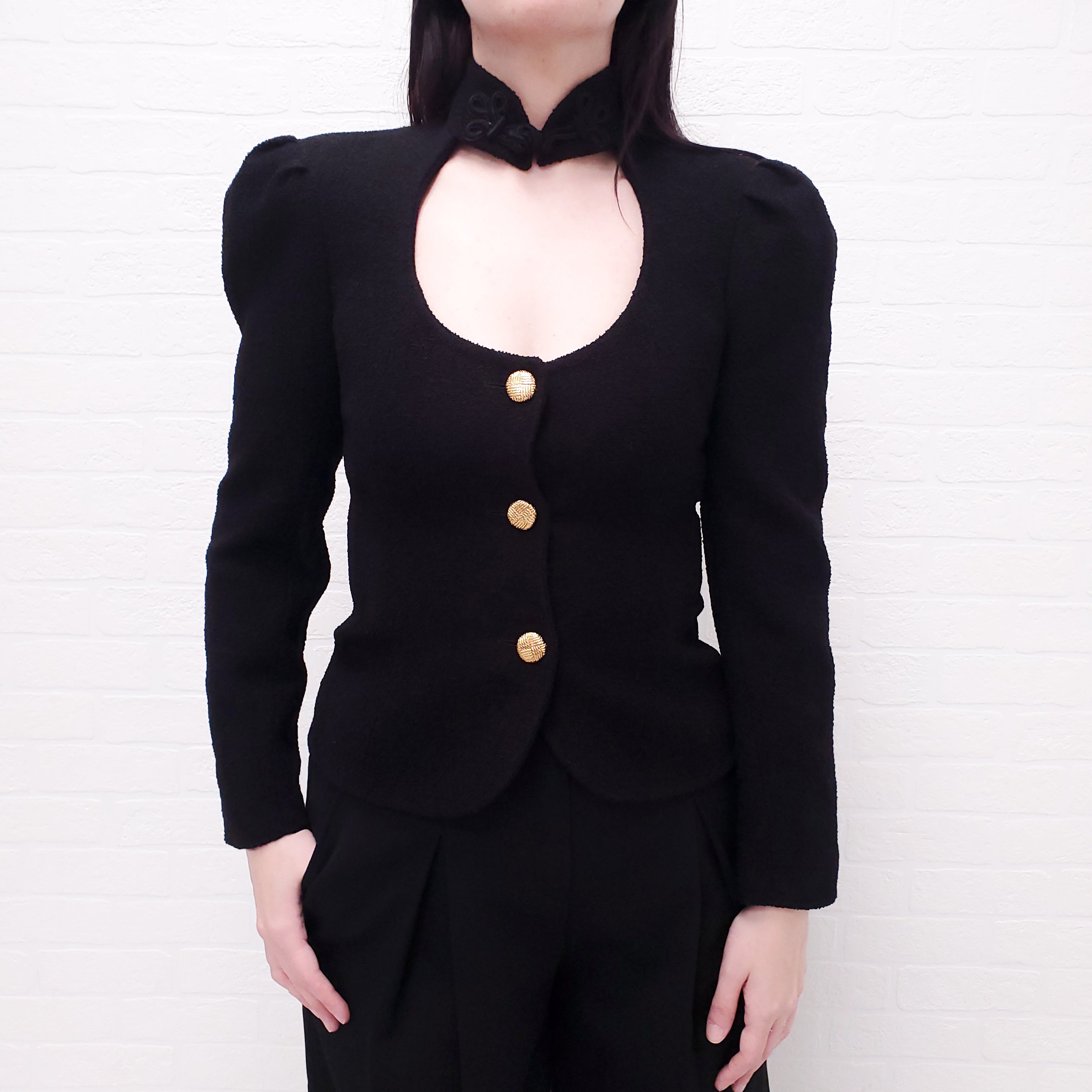 ALESSANDRA RICH BLACK CORD TRIMMED CUT OUT BOUCLE JACKET - SIZE 40