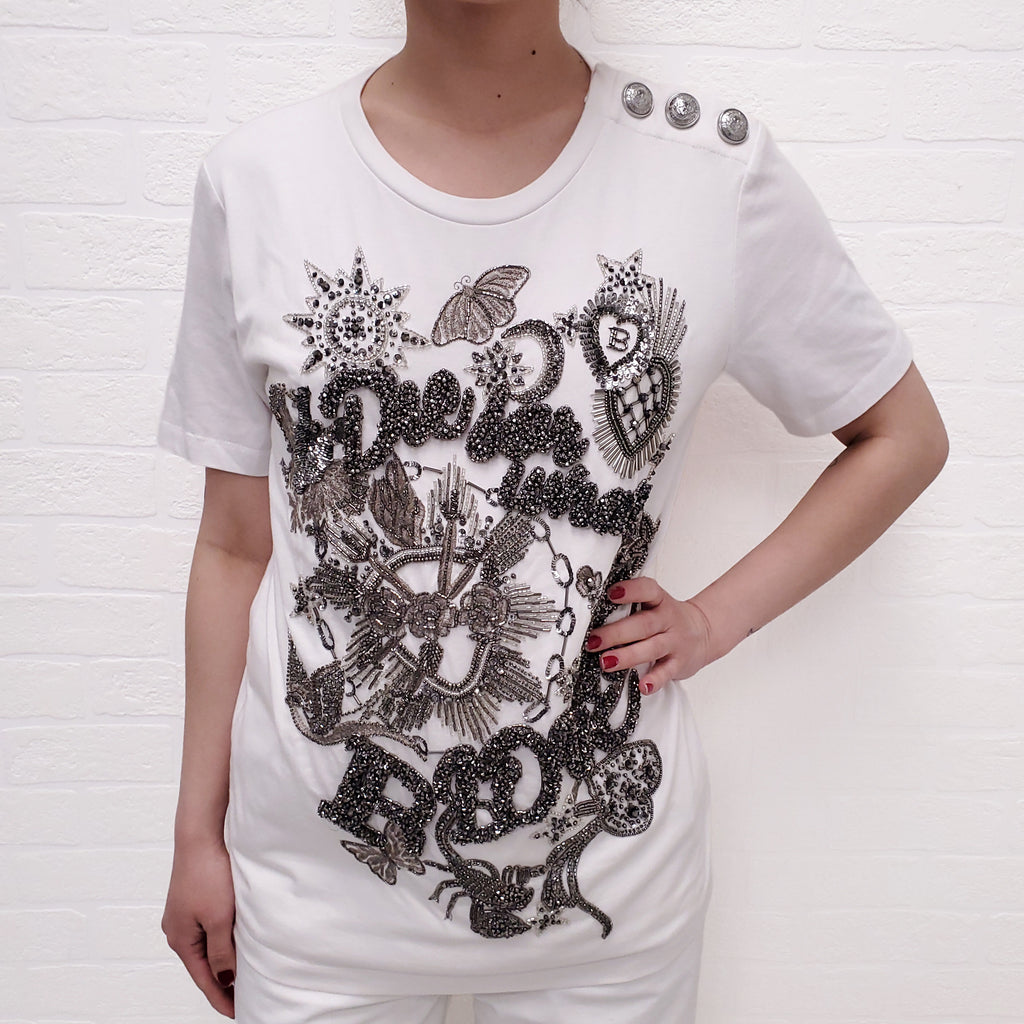 BALMAIN WHITE 'DIE FOR WHAT YOU LOVE' BEADED T-SHIRT - SIZE S