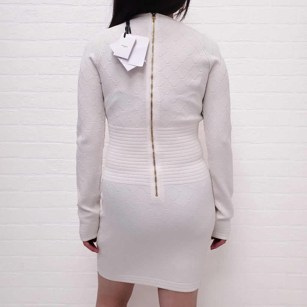 BALMAIN WHITE KNIT DRESS WITH GOLD BUTTON - SIZE 38