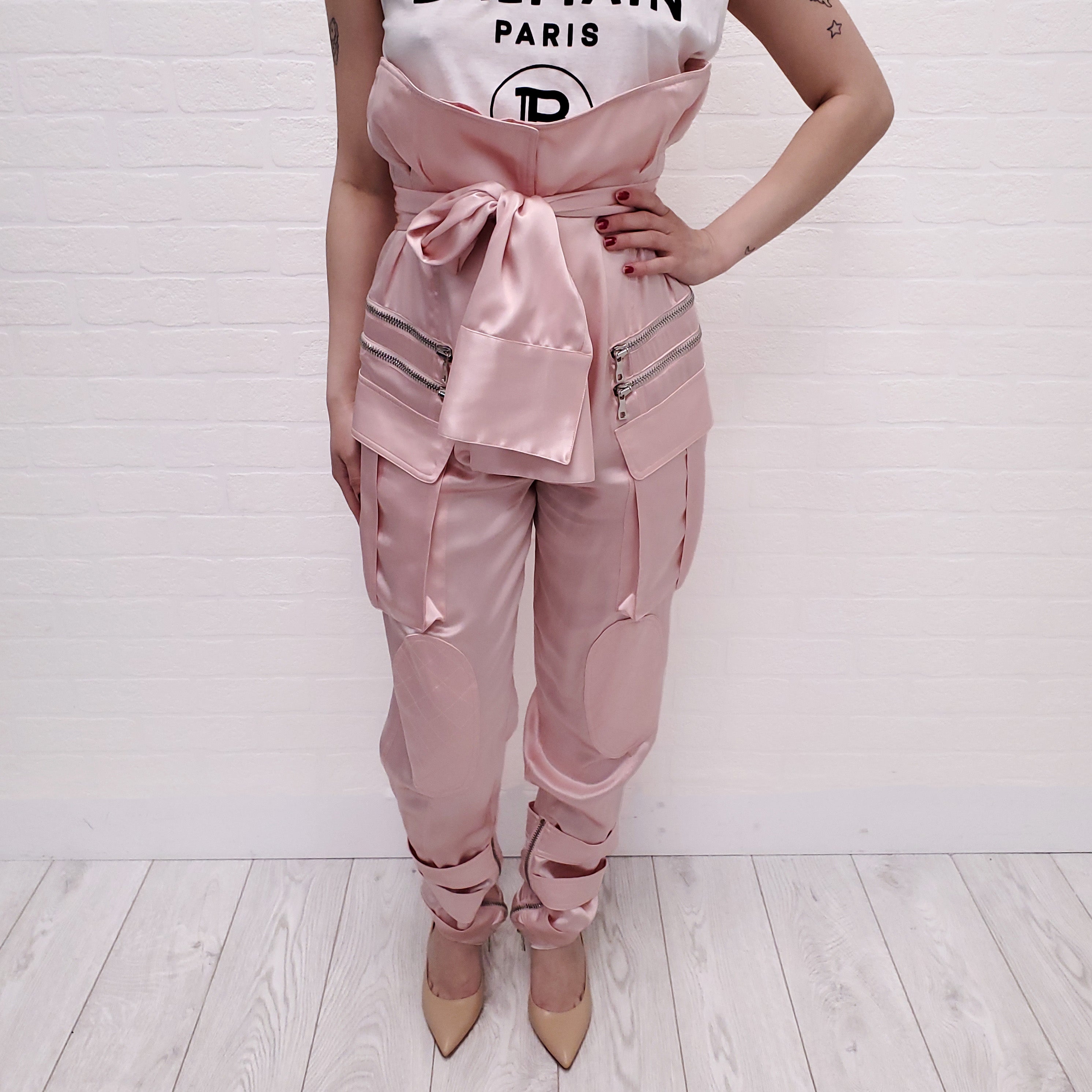 BALMAIN RUNWAY PINK SILK CARGO TROUSERS - SIZE 34